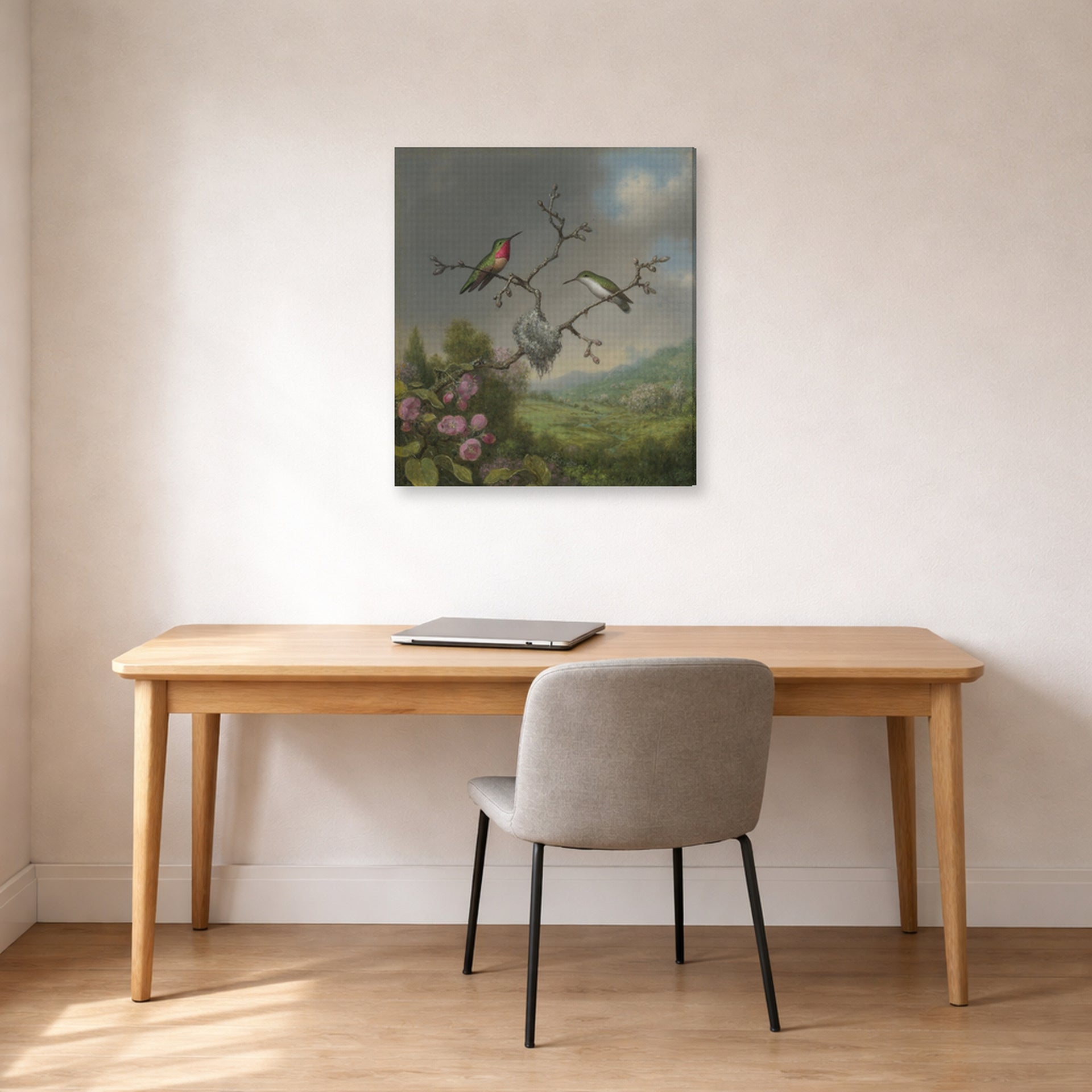 Gallery-wrapped canvas print of Martin Johnson Heade's 'Ruby Throated Hummingbird' displayed on a wall in a office