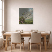 Unframed poster print of Martin Johnson Heade's 'Ruby Throated Hummingbird' displayed on a wall in a dining room