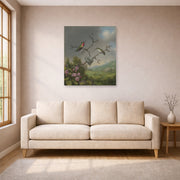 Unframed poster print of Martin Johnson Heade's 'Ruby Throated Hummingbird' displayed on a wall in a living room