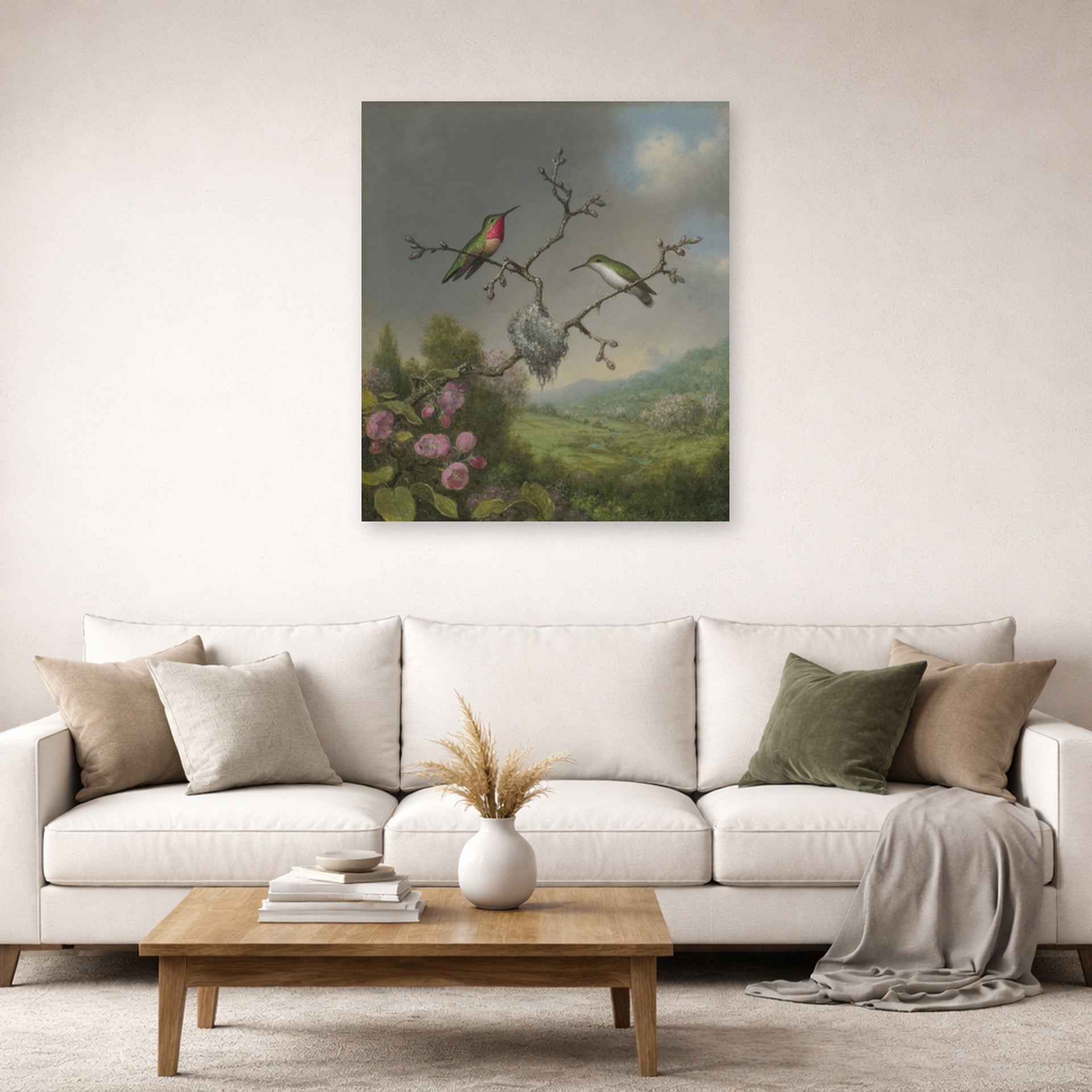 Unframed poster print of Martin Johnson Heade's 'Ruby Throated Hummingbird' displayed on a wall in a living room
