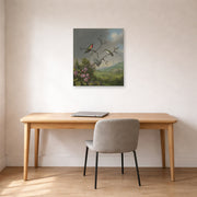 Unframed poster print of Martin Johnson Heade's 'Ruby Throated Hummingbird' displayed on a wall in a office
