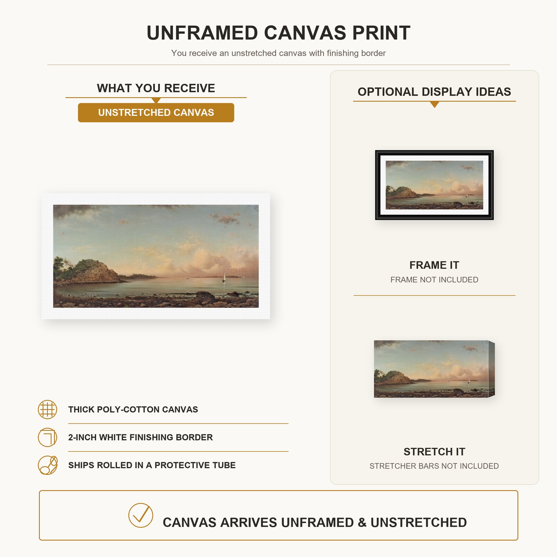 Martin Johnson Heade - Singing Beach, Manchester, Massachusetts canvas print size comparison and framing display infographic