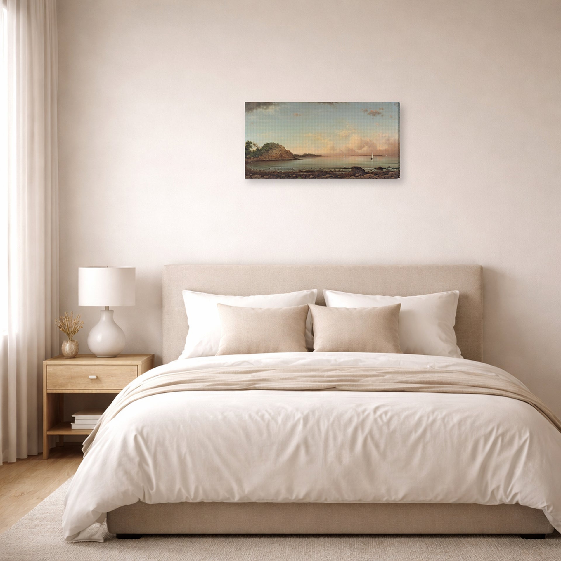Gallery-wrapped canvas print of Martin Johnson Heade's 'Singing Beach, Manchester, Massachusetts' displayed on a wall in a bedroom
