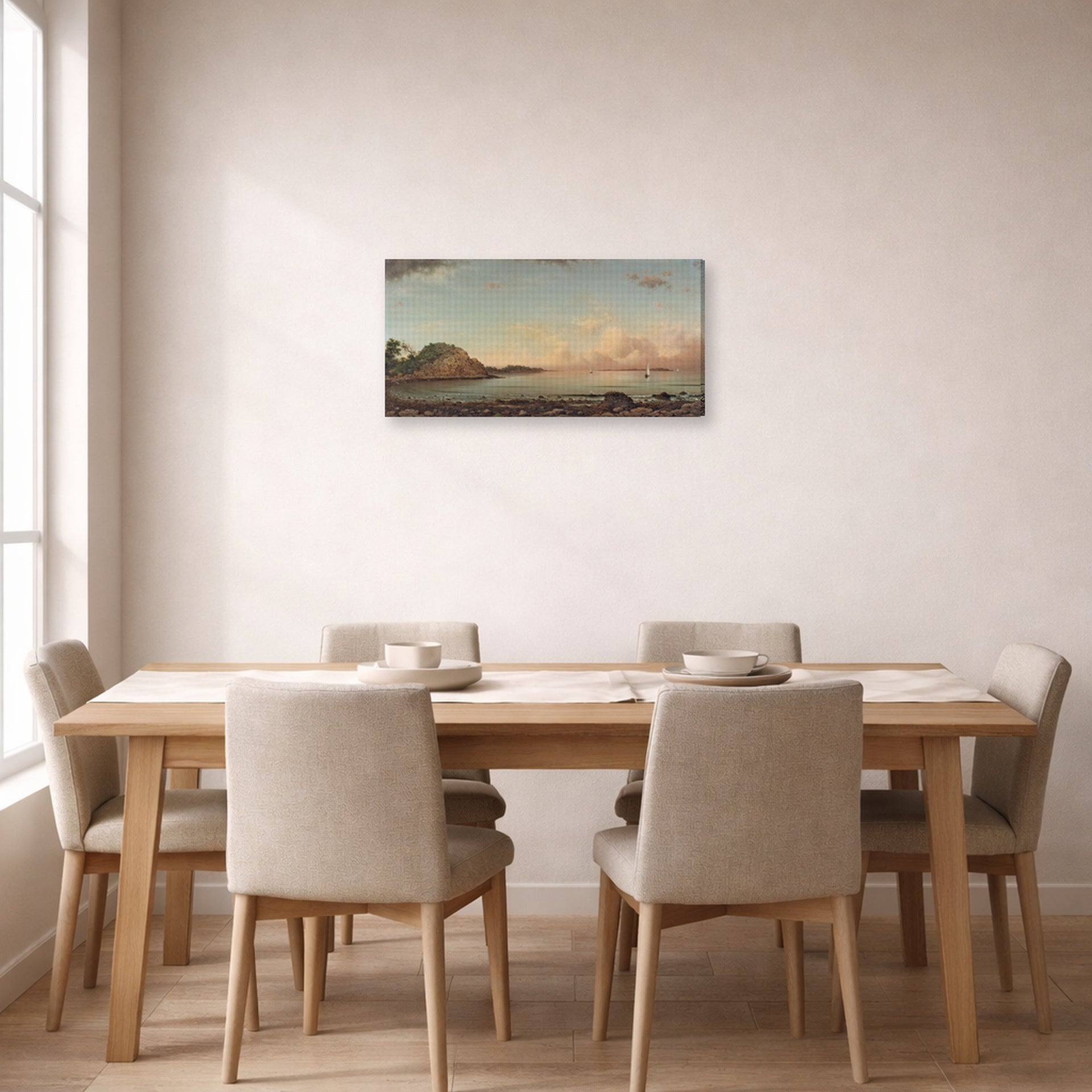 Gallery-wrapped canvas print of Martin Johnson Heade's 'Singing Beach, Manchester, Massachusetts' displayed on a wall in a dining room