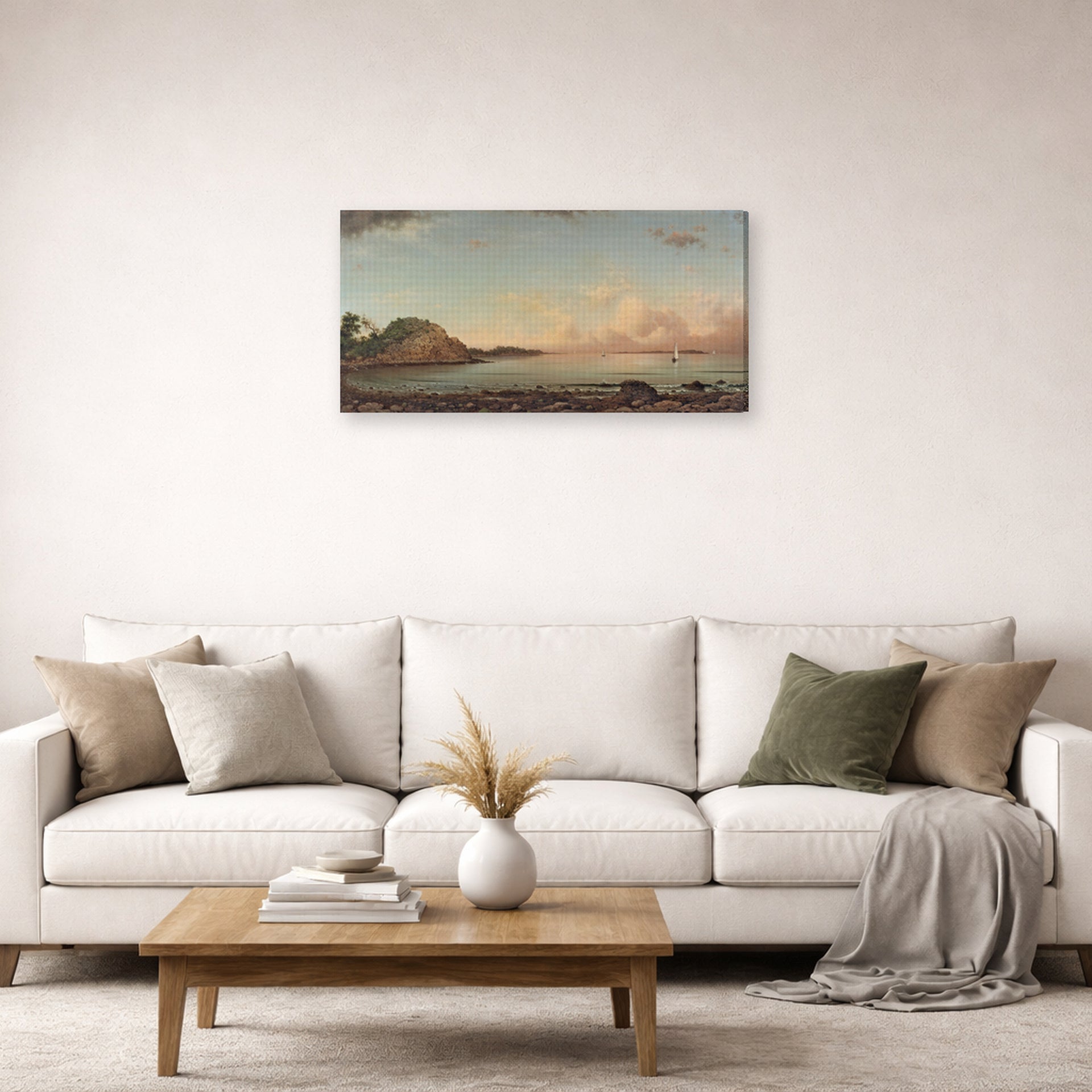 Gallery-wrapped canvas print of Martin Johnson Heade's 'Singing Beach, Manchester, Massachusetts' displayed on a wall in a living room