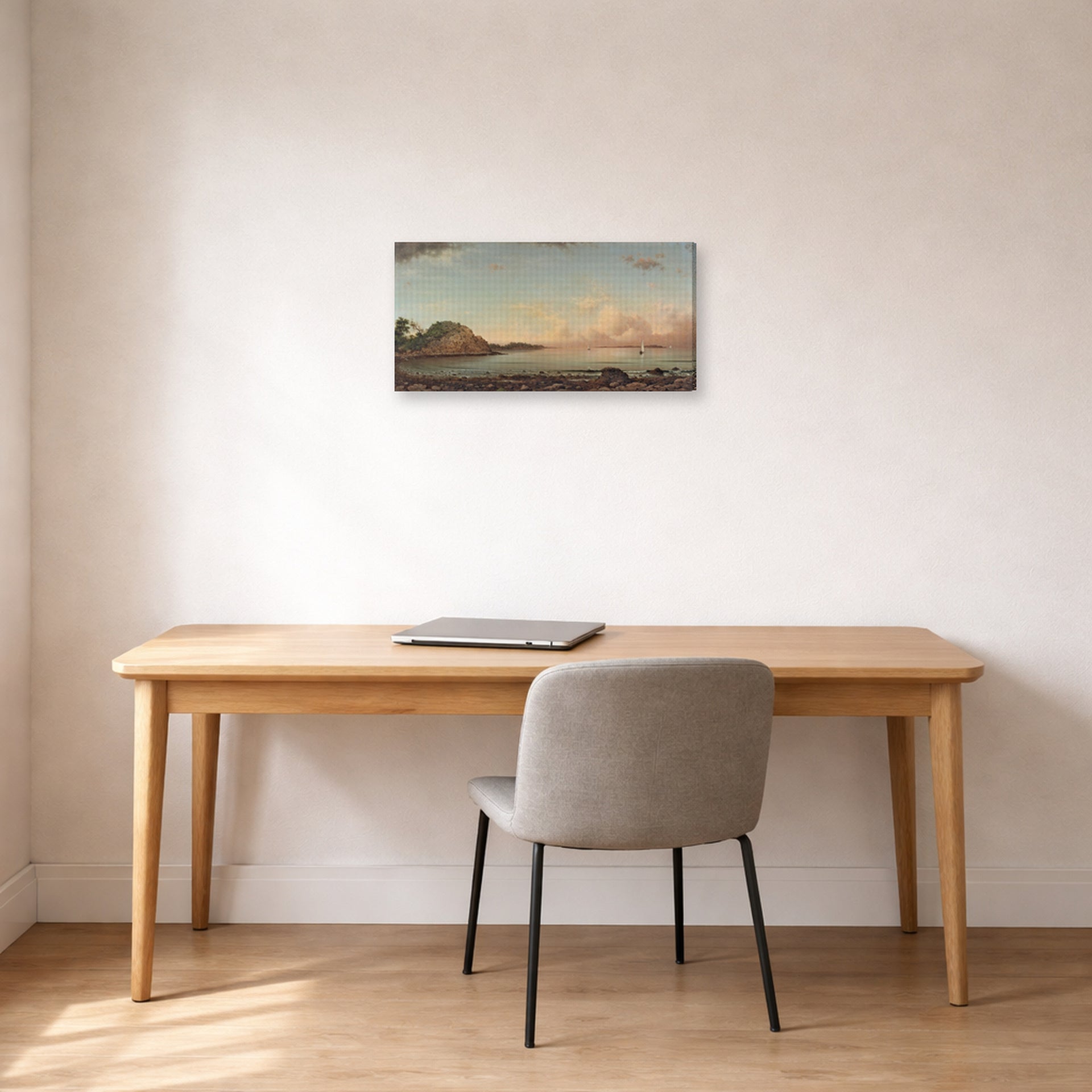 Gallery-wrapped canvas print of Martin Johnson Heade's 'Singing Beach, Manchester, Massachusetts' displayed on a wall in a office