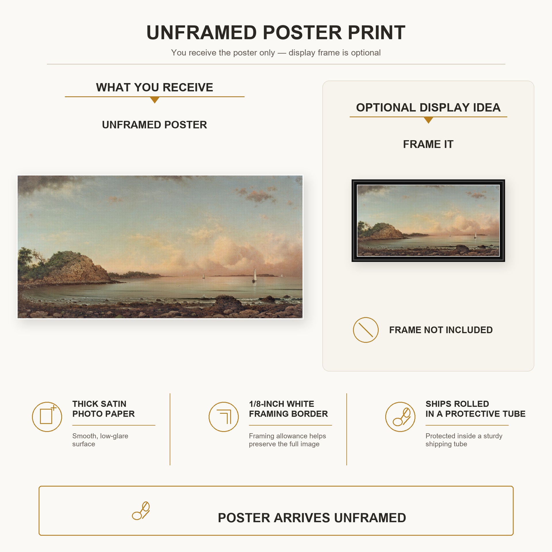 Martin Johnson Heade - Singing Beach, Manchester, Massachusetts poster print size comparison and framing display infographic