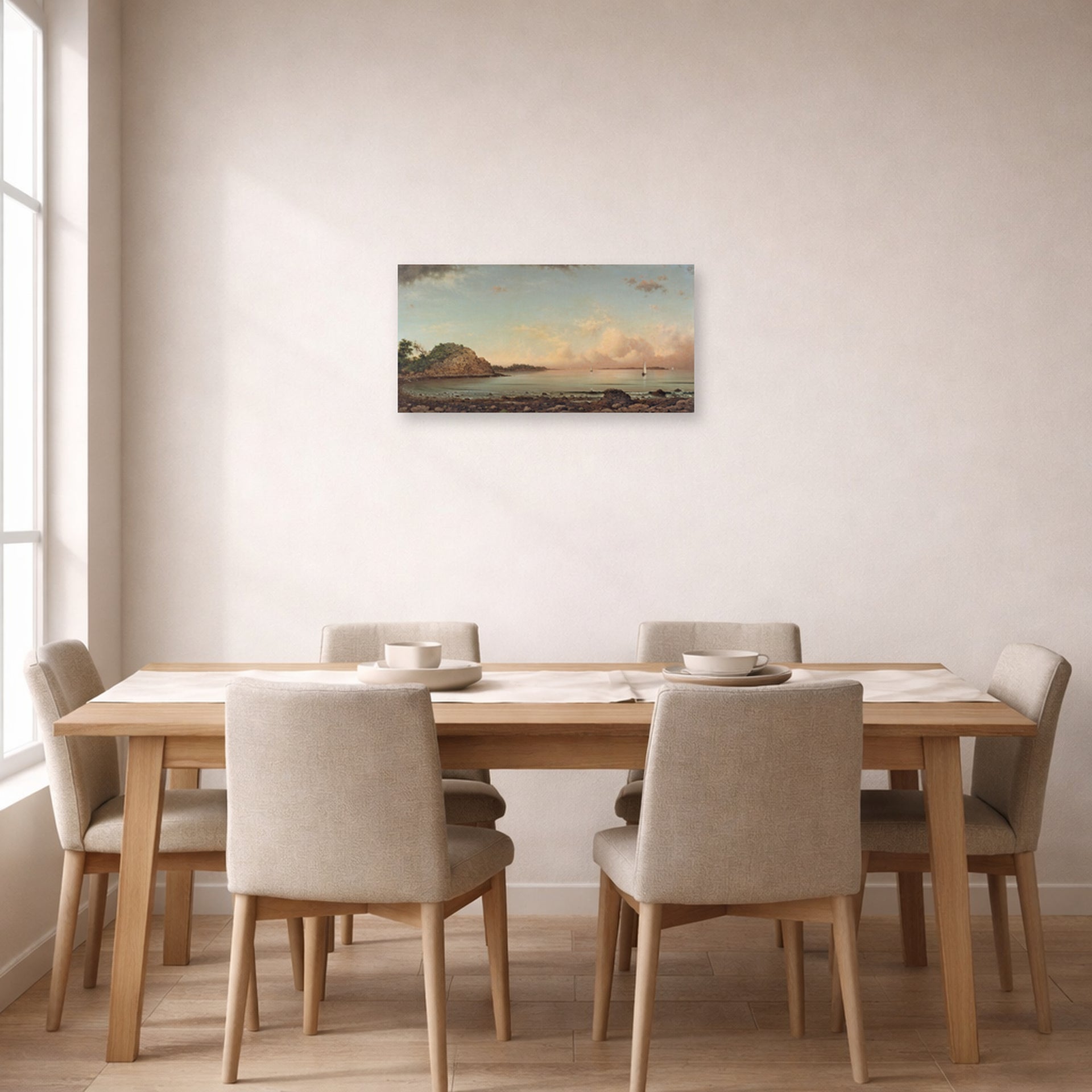 Unframed poster print of Martin Johnson Heade's 'Singing Beach, Manchester, Massachusetts' displayed on a wall in a dining room