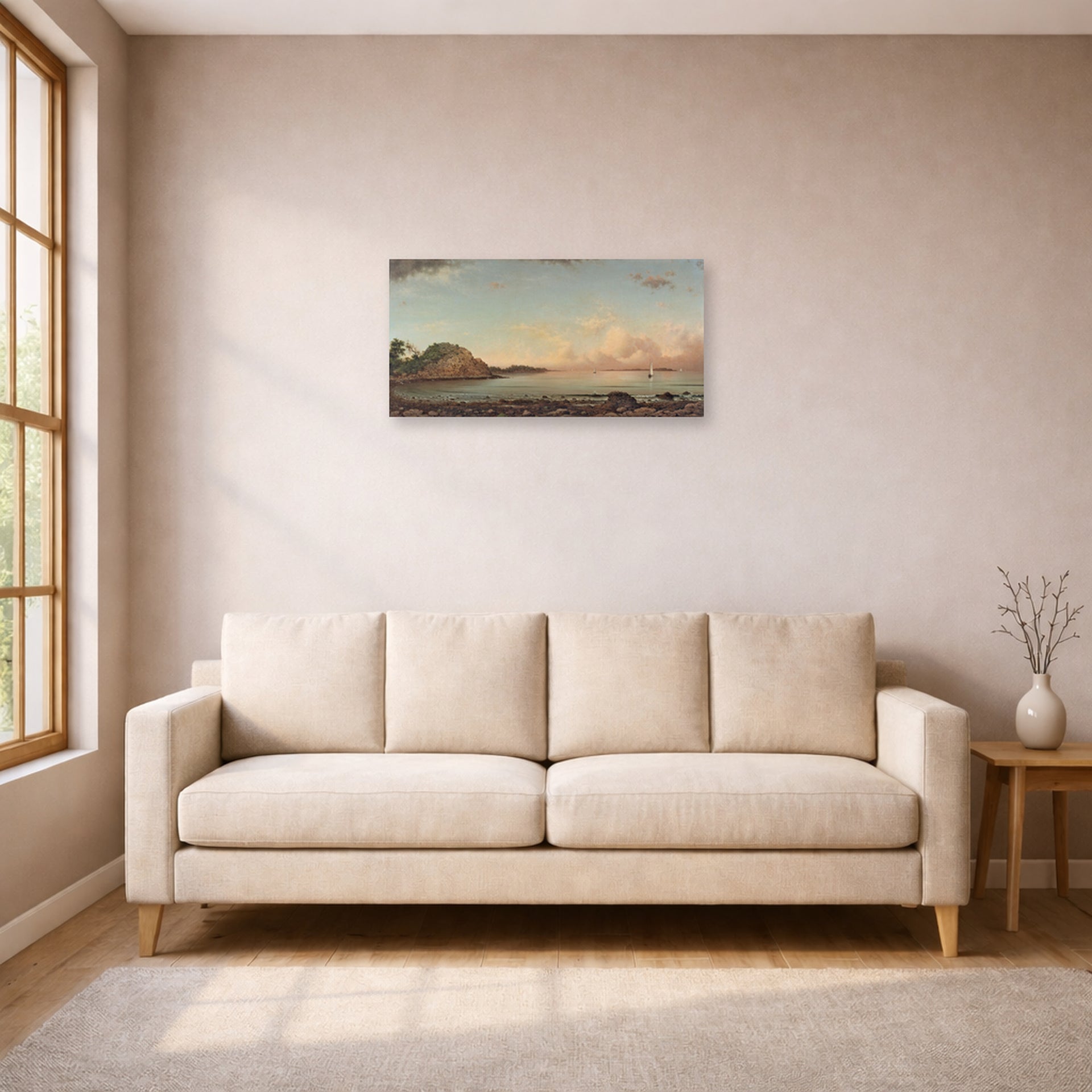 Unframed poster print of Martin Johnson Heade's 'Singing Beach, Manchester, Massachusetts' displayed on a wall in a living room