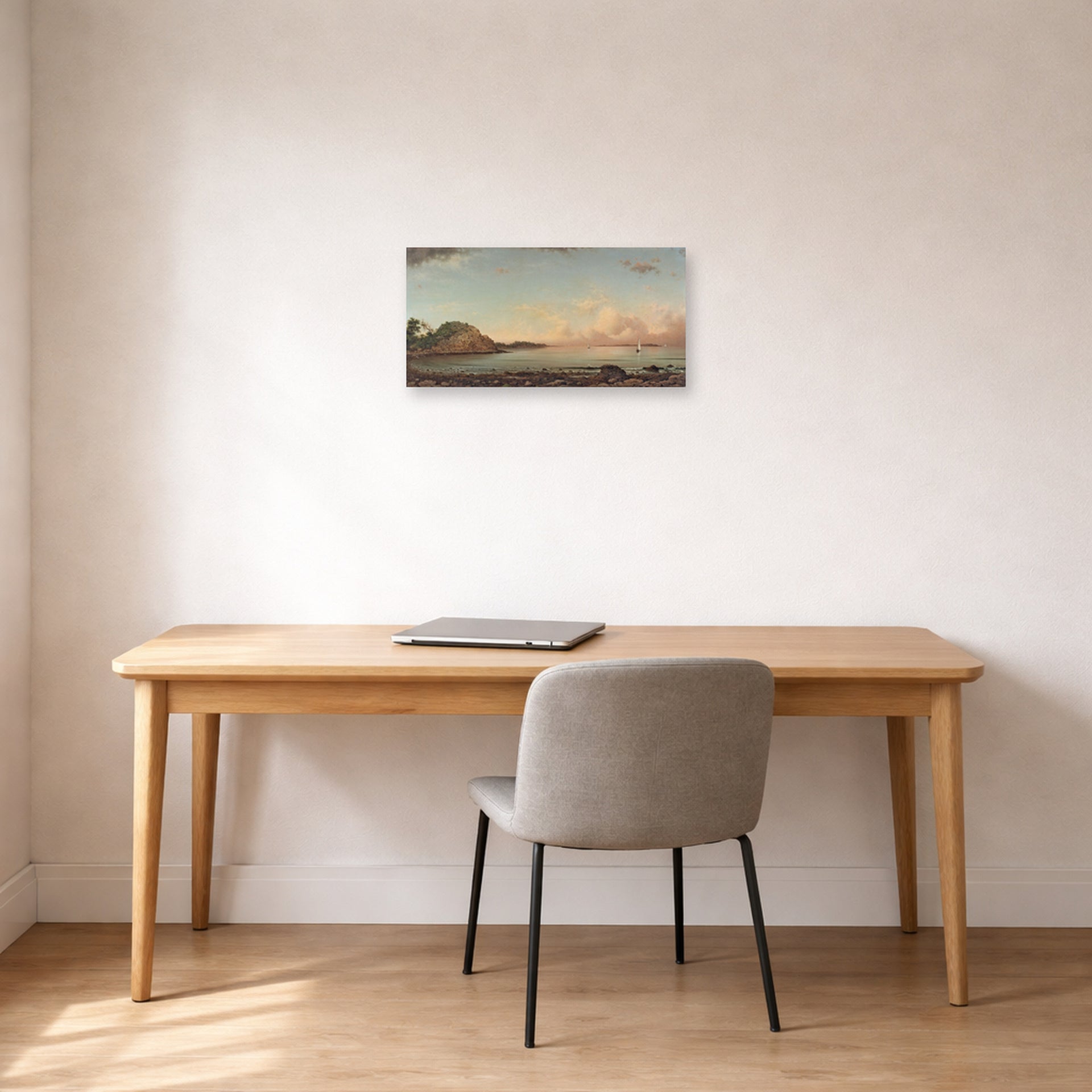 Unframed poster print of Martin Johnson Heade's 'Singing Beach, Manchester, Massachusetts' displayed on a wall in a office