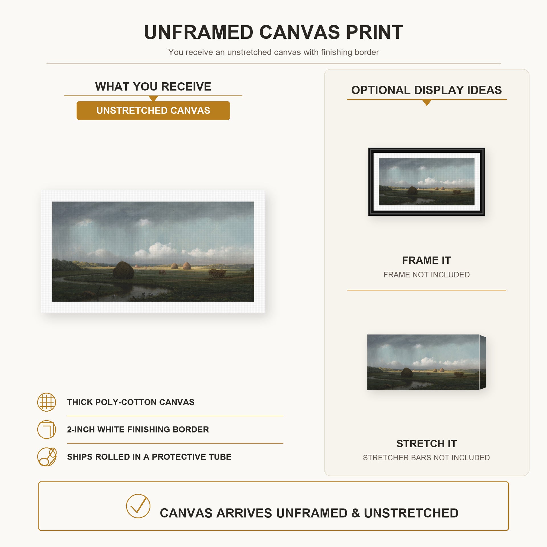 Martin Johnson Heade - Sudden Shower Newbury Marshes canvas print size comparison and framing display infographic