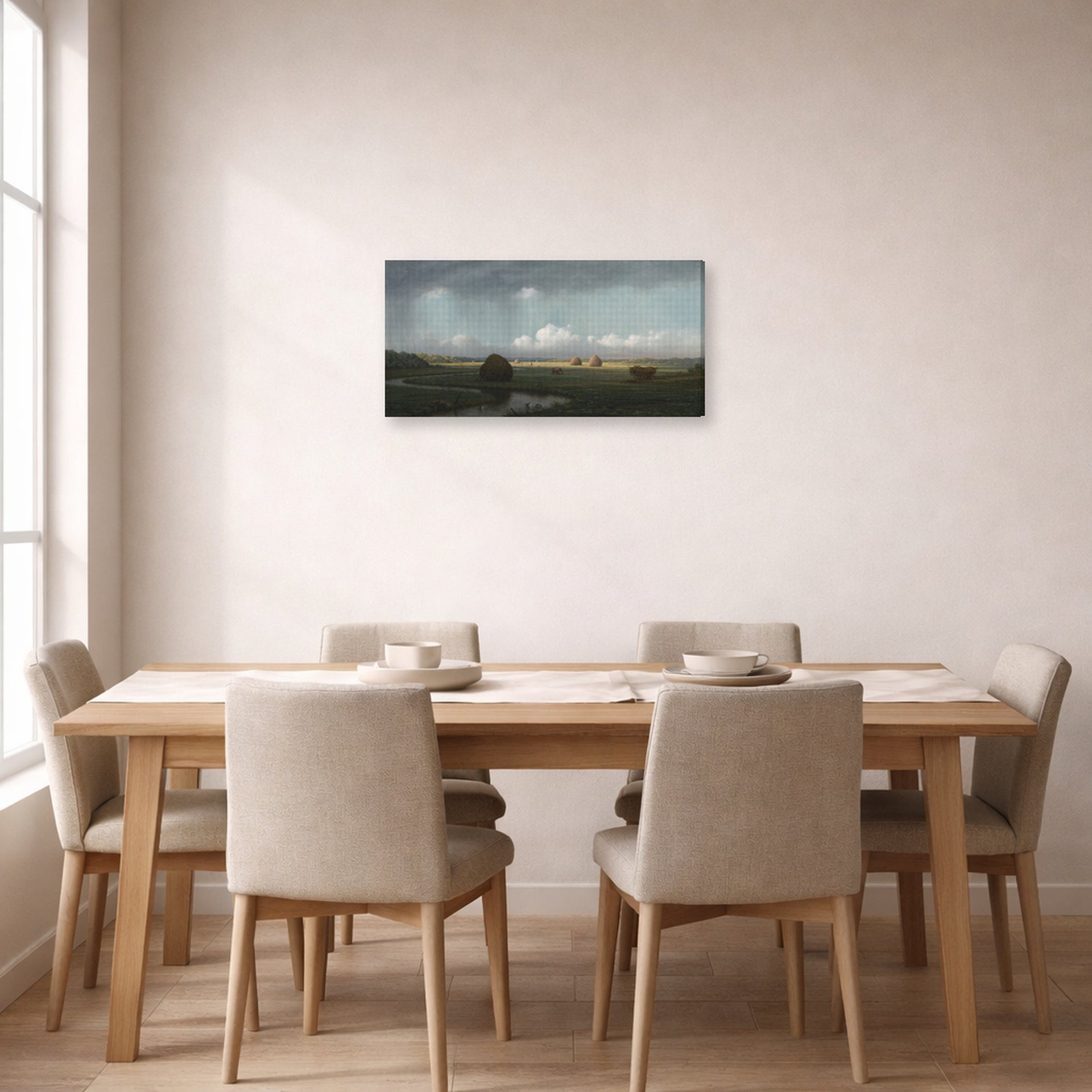 Gallery-wrapped canvas print of Martin Johnson Heade's 'Sudden Shower Newbury Marshes' displayed on a wall in a dining room