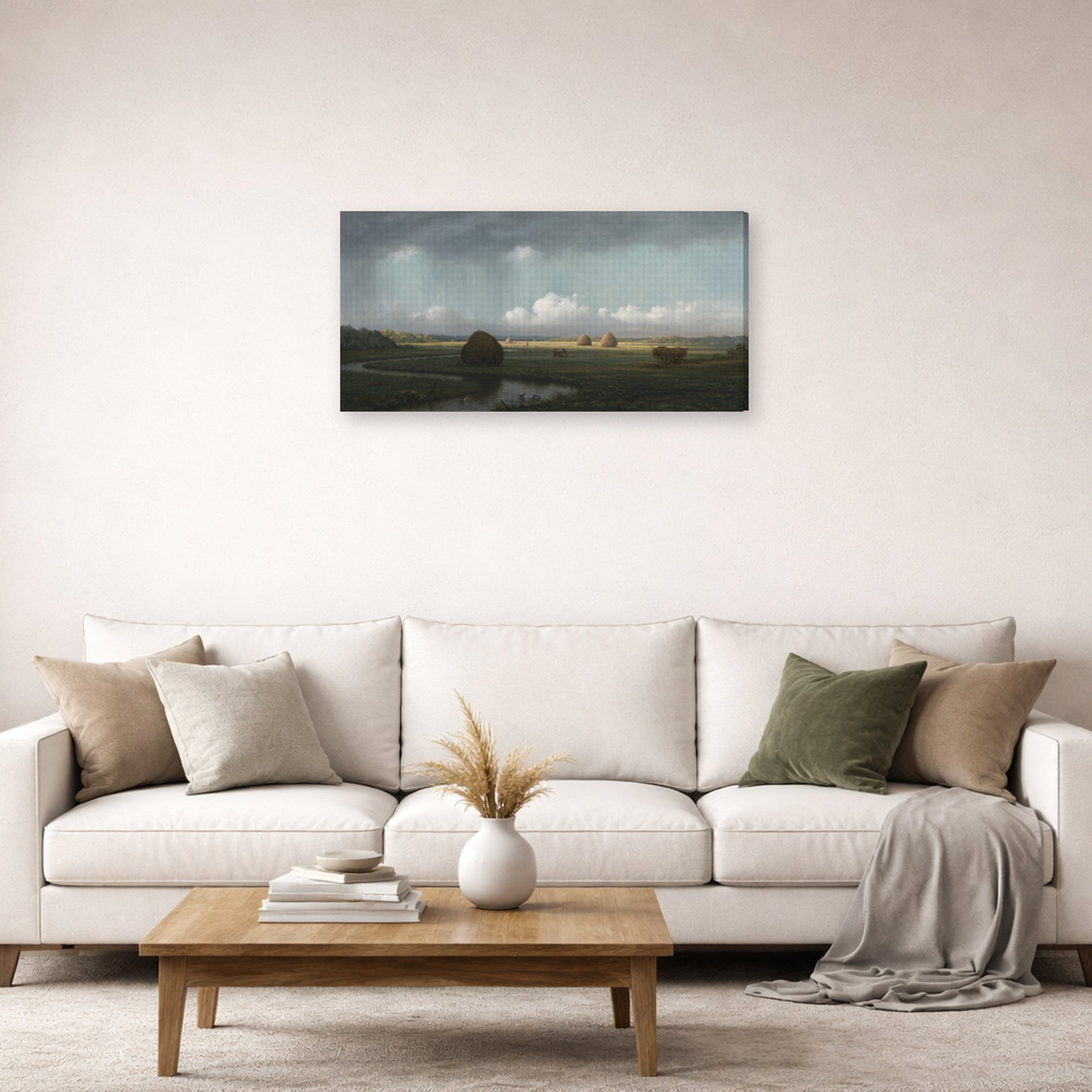 Gallery-wrapped canvas print of Martin Johnson Heade's 'Sudden Shower Newbury Marshes' displayed on a wall in a living room