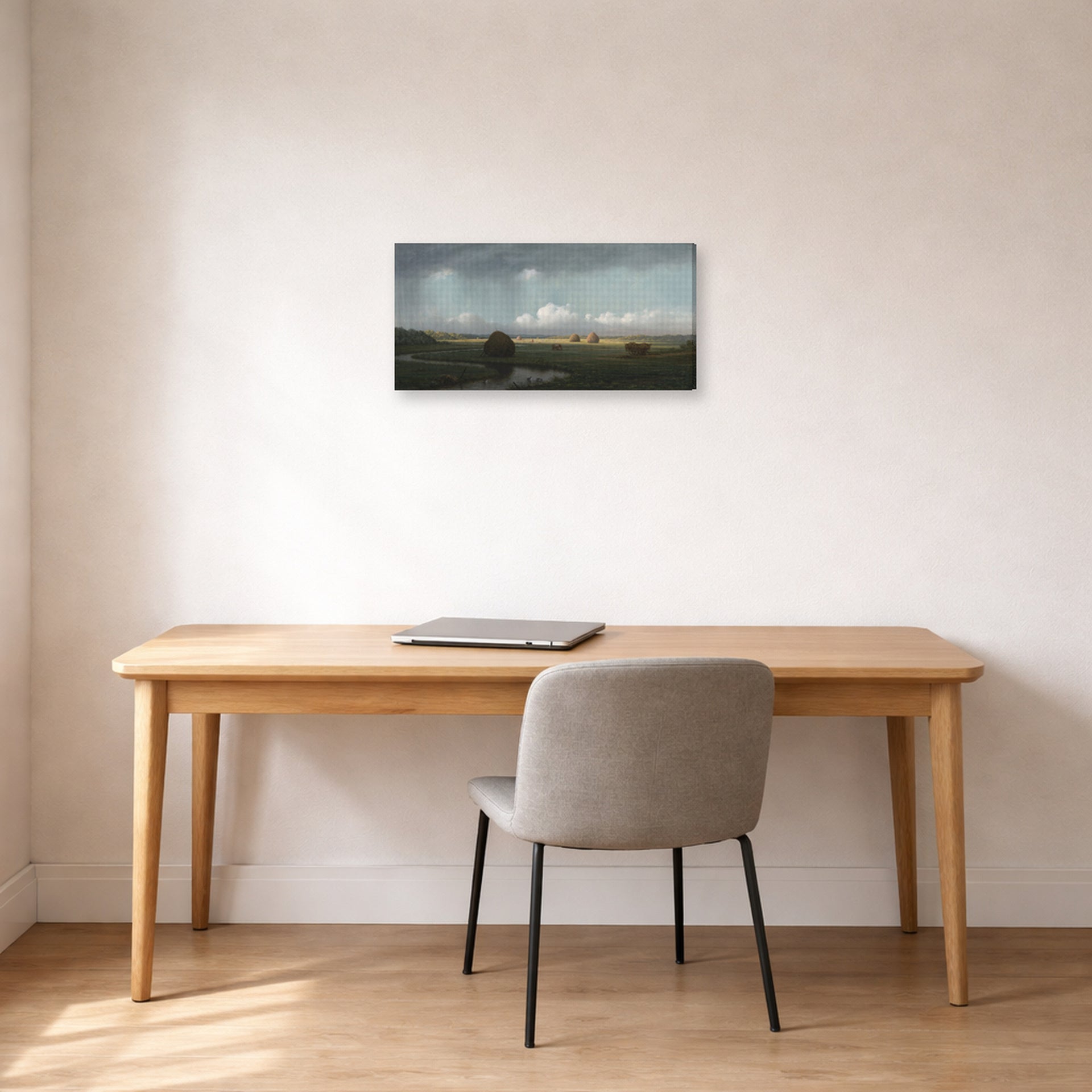 Gallery-wrapped canvas print of Martin Johnson Heade's 'Sudden Shower Newbury Marshes' displayed on a wall in a office