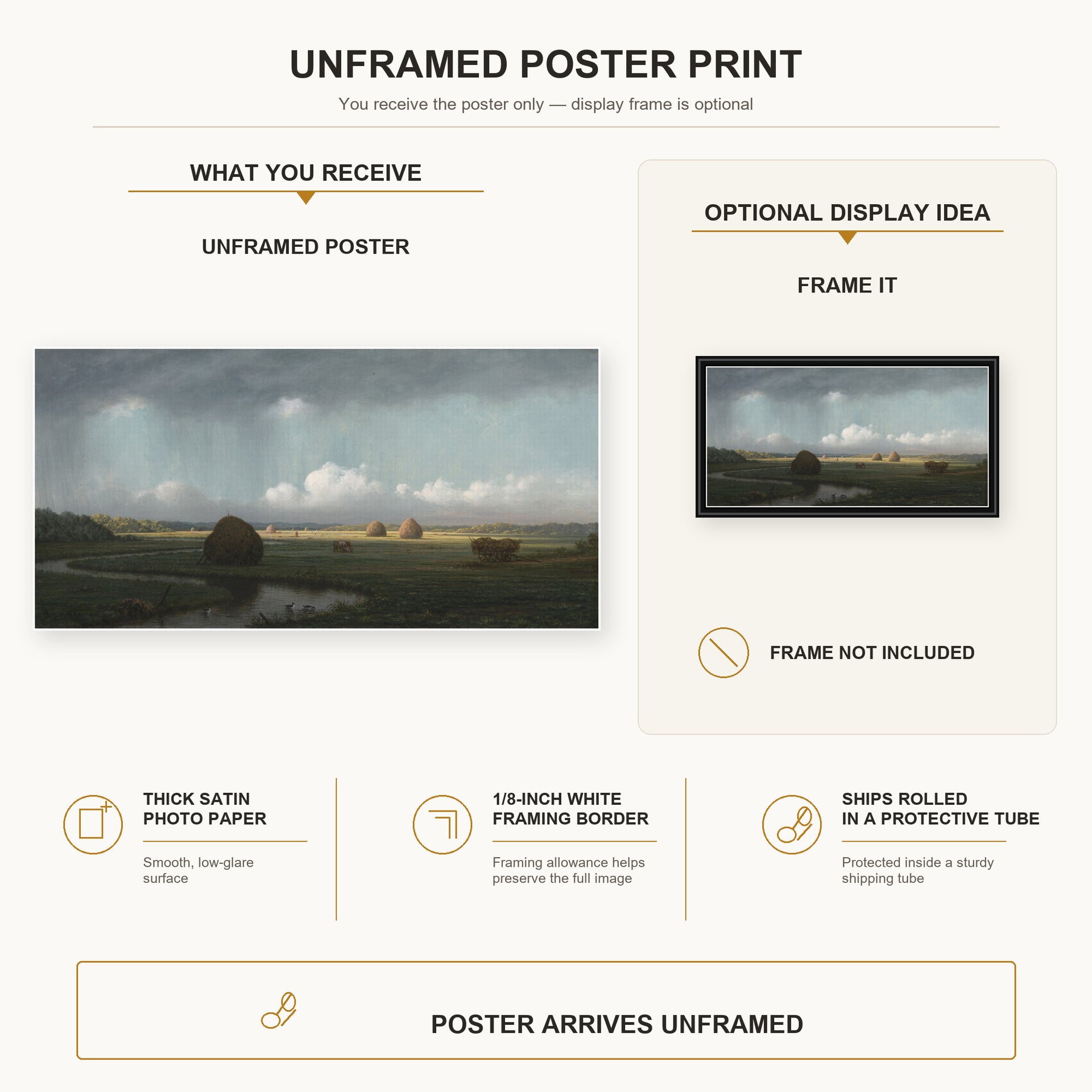Martin Johnson Heade - Sudden Shower Newbury Marshes poster print size comparison and framing display infographic
