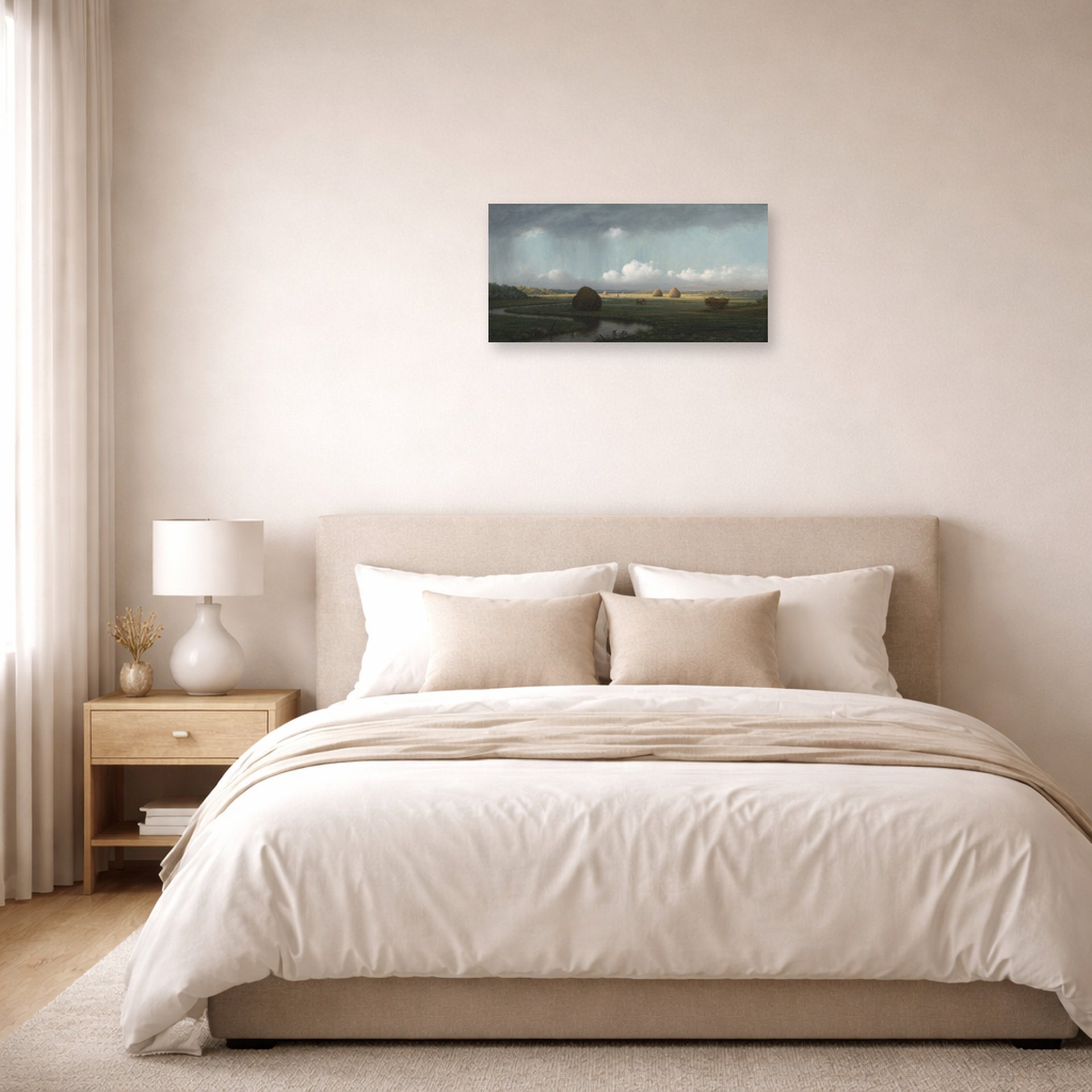 Unframed poster print of Martin Johnson Heade's 'Sudden Shower Newbury Marshes' displayed on a wall in a bedroom