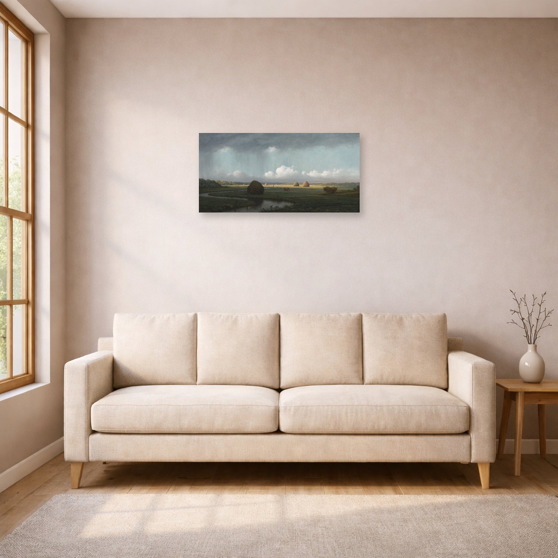 Unframed poster print of Martin Johnson Heade's 'Sudden Shower Newbury Marshes' displayed on a wall in a living room
