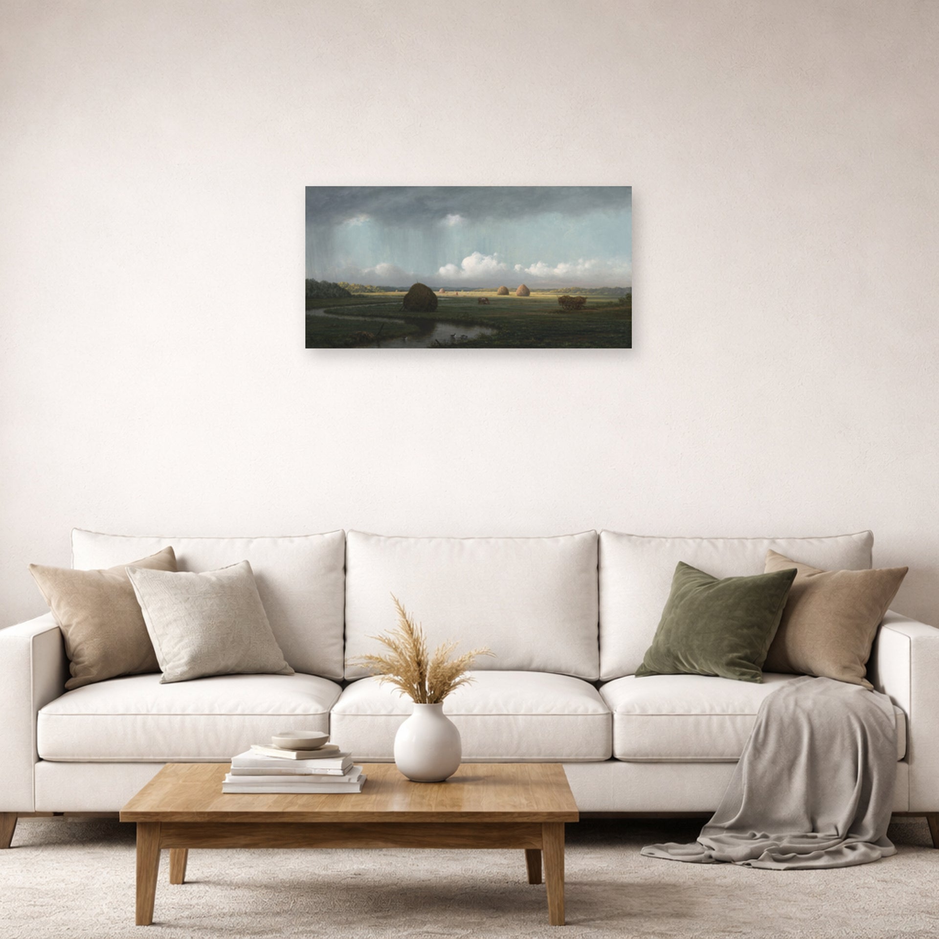 Unframed poster print of Martin Johnson Heade's 'Sudden Shower Newbury Marshes' displayed on a wall in a living room