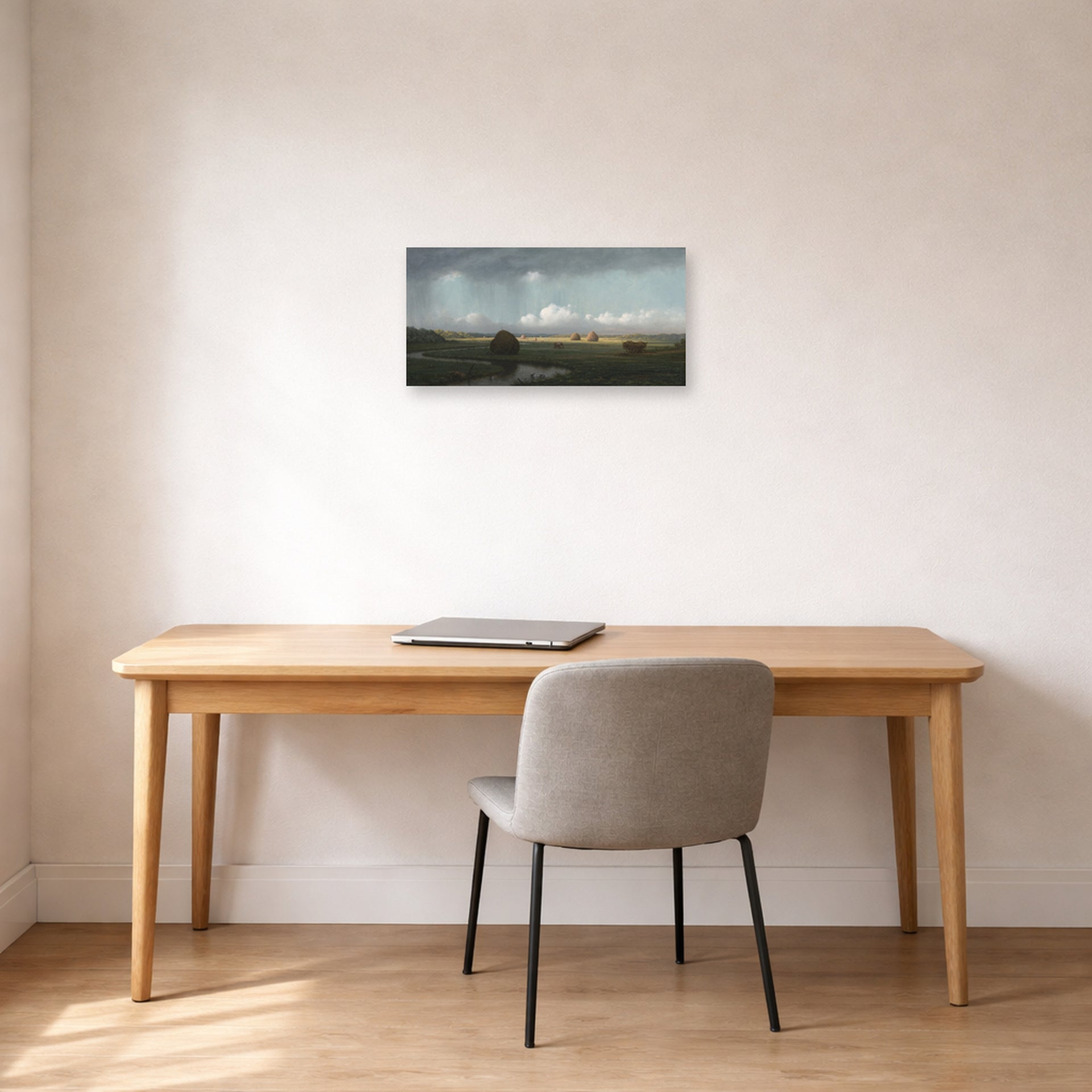 Unframed poster print of Martin Johnson Heade's 'Sudden Shower Newbury Marshes' displayed on a wall in a office