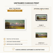 Martin Johnson Heade - Sunlight and Shadow The Newbury Marshes canvas print size comparison and framing display infographic