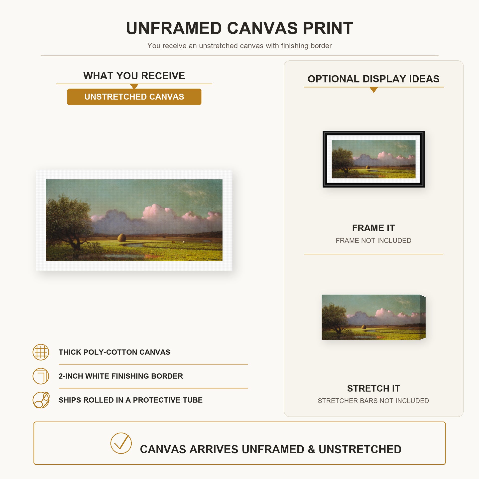 Martin Johnson Heade - Sunlight and Shadow The Newbury Marshes canvas print size comparison and framing display infographic