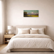 Gallery-wrapped canvas print of Martin Johnson Heade's 'Sunlight and Shadow The Newbury Marshes' displayed on a wall in a bedroom