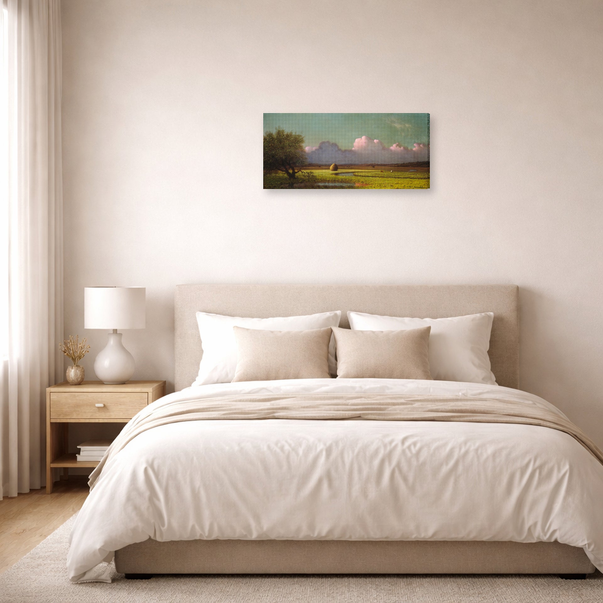 Gallery-wrapped canvas print of Martin Johnson Heade's 'Sunlight and Shadow The Newbury Marshes' displayed on a wall in a bedroom