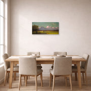 Gallery-wrapped canvas print of Martin Johnson Heade's 'Sunlight and Shadow The Newbury Marshes' displayed on a wall in a dining room