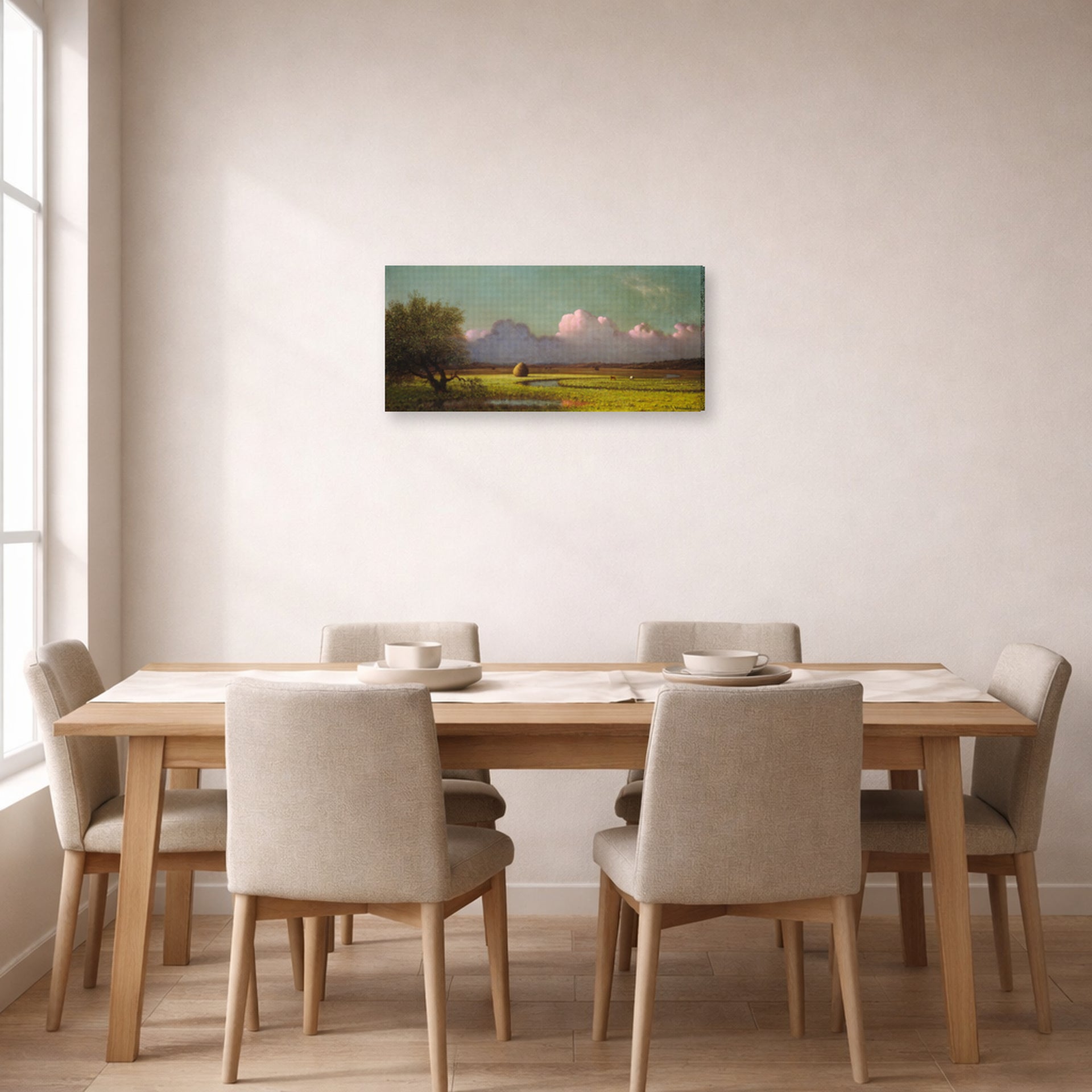 Gallery-wrapped canvas print of Martin Johnson Heade's 'Sunlight and Shadow The Newbury Marshes' displayed on a wall in a dining room