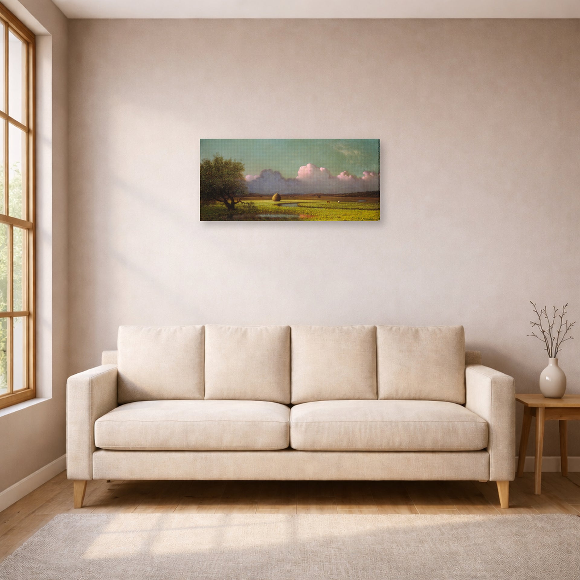 Gallery-wrapped canvas print of Martin Johnson Heade's 'Sunlight and Shadow The Newbury Marshes' displayed on a wall in a living room