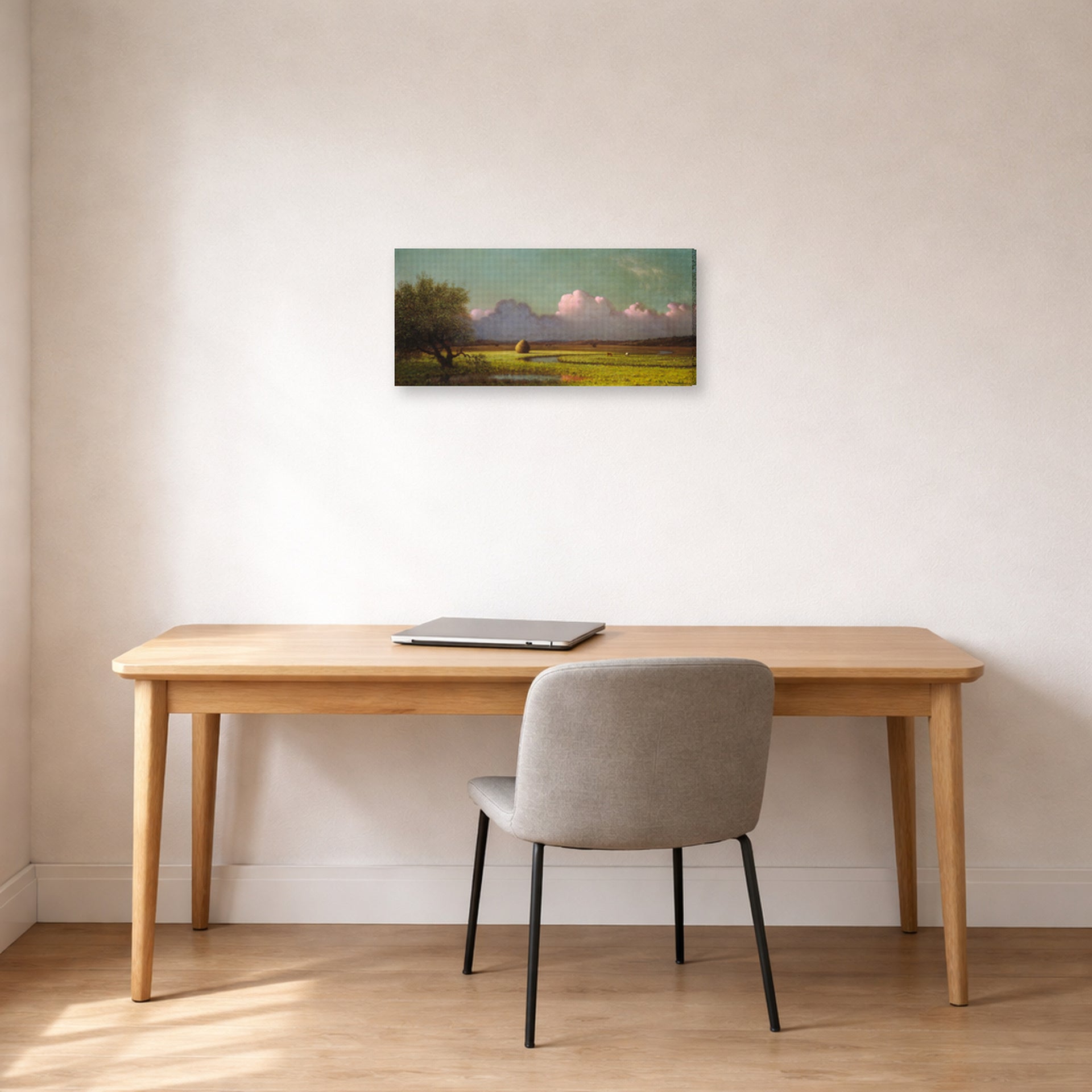 Gallery-wrapped canvas print of Martin Johnson Heade's 'Sunlight and Shadow The Newbury Marshes' displayed on a wall in a office