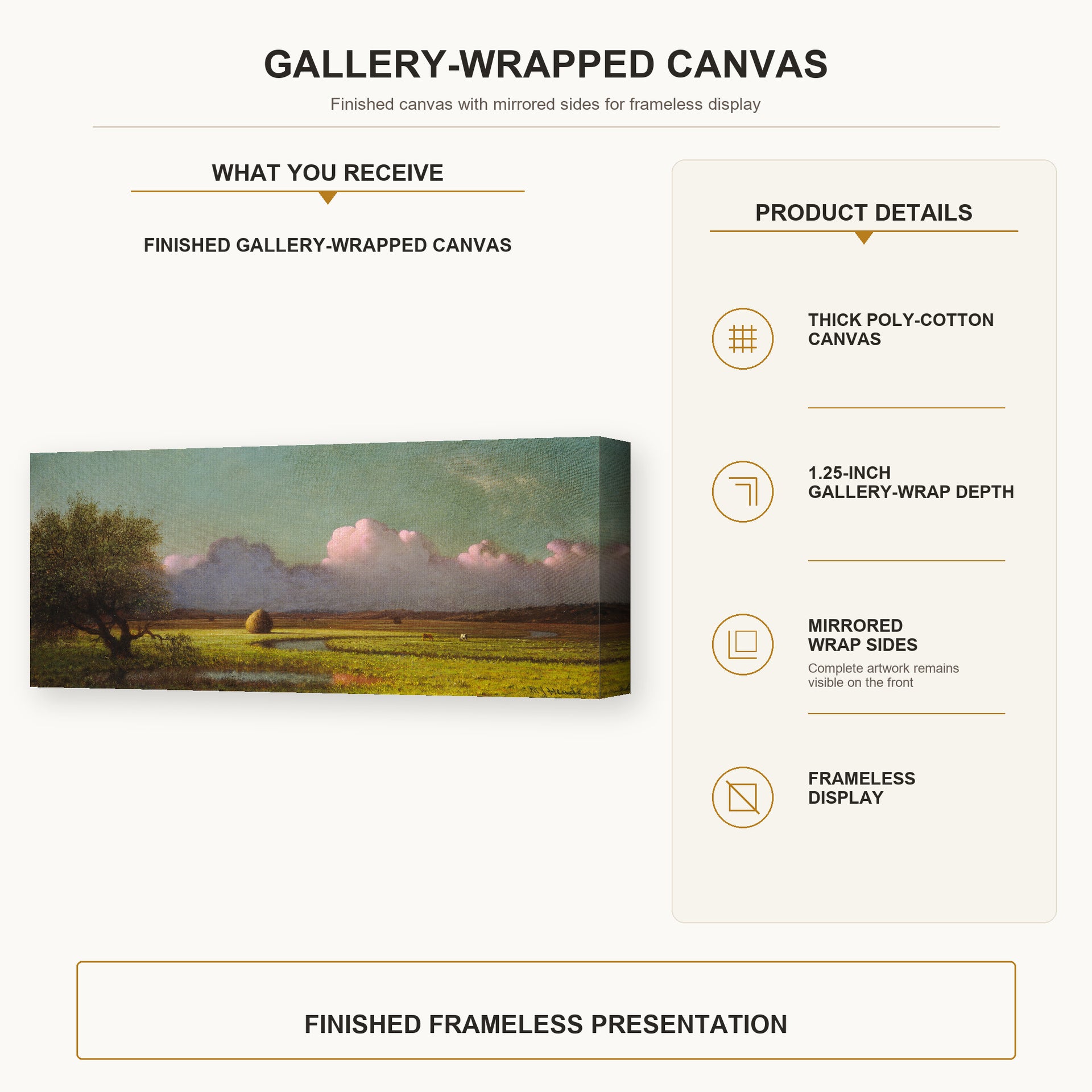 Martin Johnson Heade - Sunlight and Shadow The Newbury Marshes gallery wrap canvas construction and hanging details infographic
