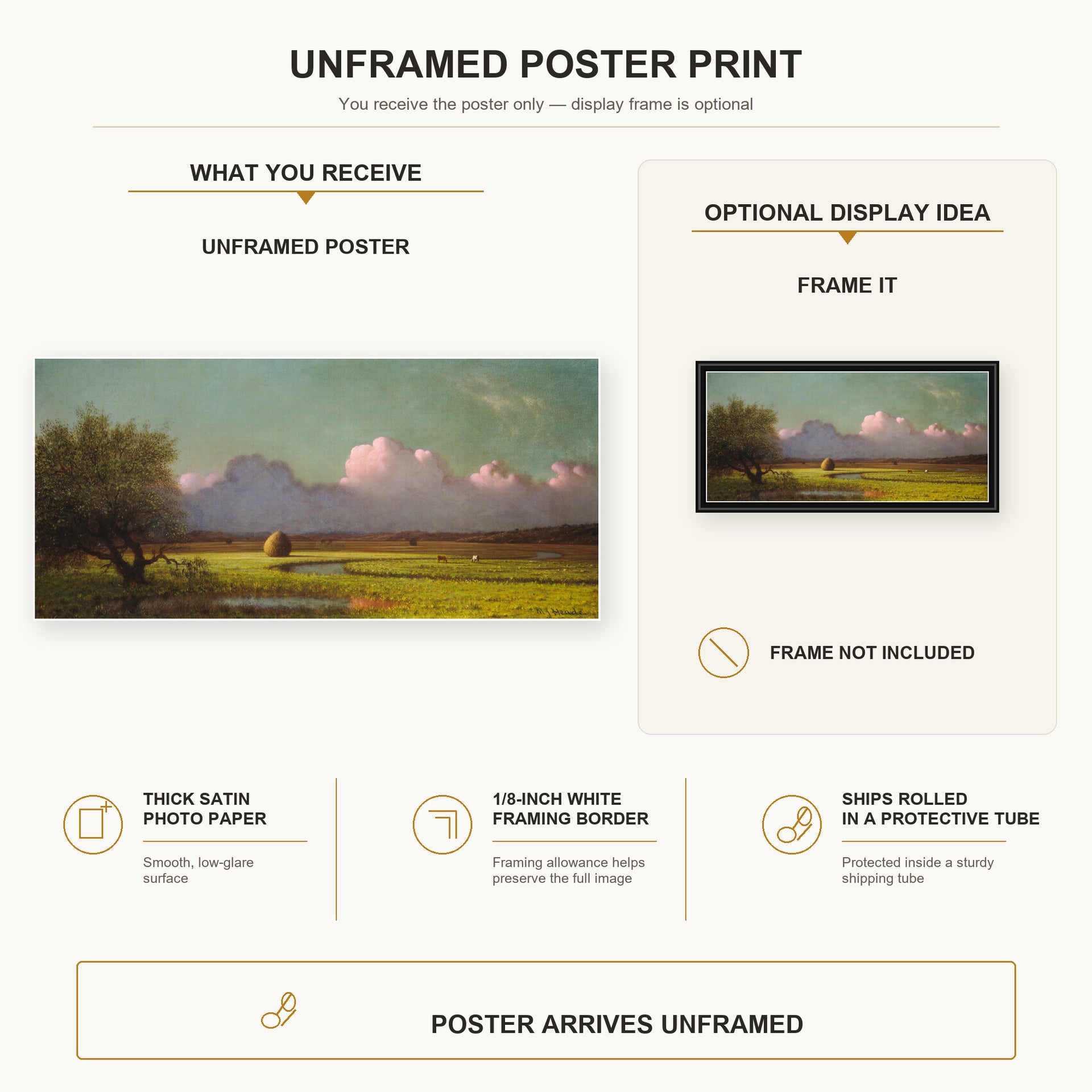 Martin Johnson Heade - Sunlight and Shadow The Newbury Marshes poster print size comparison and framing display infographic