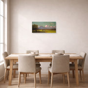 Unframed poster print of Martin Johnson Heade's 'Sunlight and Shadow The Newbury Marshes' displayed on a wall in a dining room