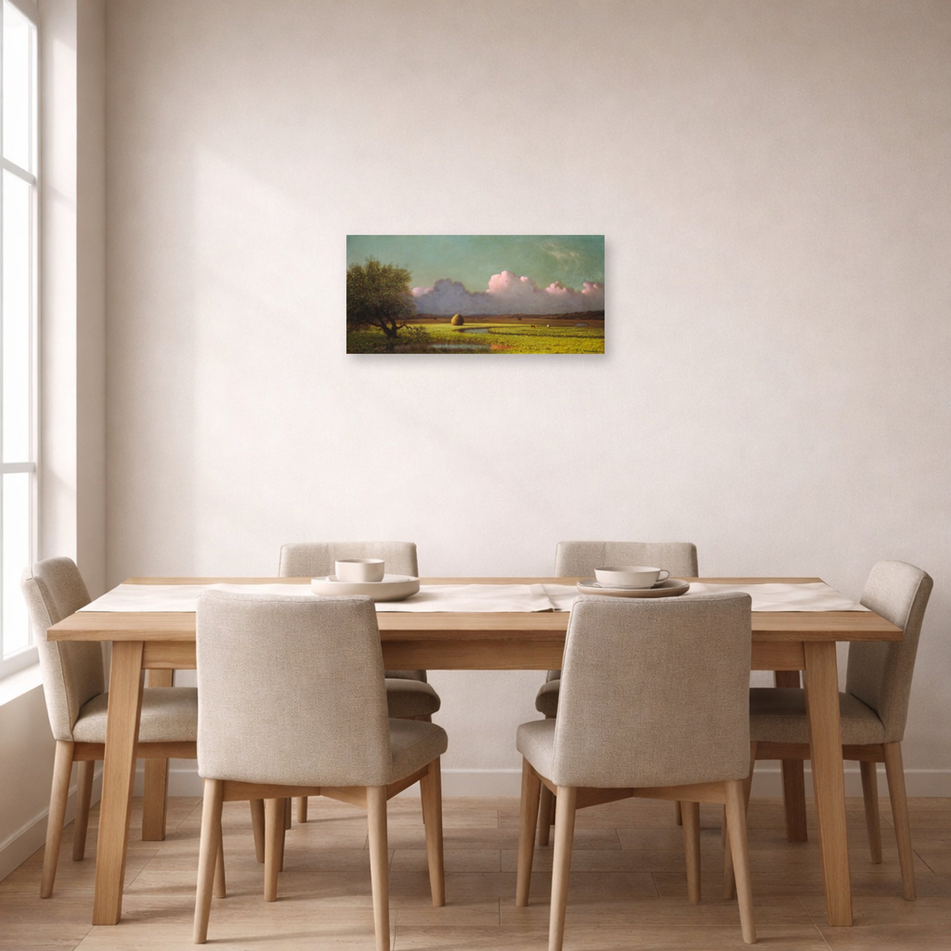Unframed poster print of Martin Johnson Heade's 'Sunlight and Shadow The Newbury Marshes' displayed on a wall in a dining room