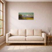 Unframed poster print of Martin Johnson Heade's 'Sunlight and Shadow The Newbury Marshes' displayed on a wall in a living room