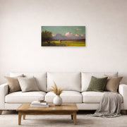 Unframed poster print of Martin Johnson Heade's 'Sunlight and Shadow The Newbury Marshes' displayed on a wall in a living room