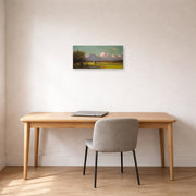 Unframed poster print of Martin Johnson Heade's 'Sunlight and Shadow The Newbury Marshes' displayed on a wall in a office