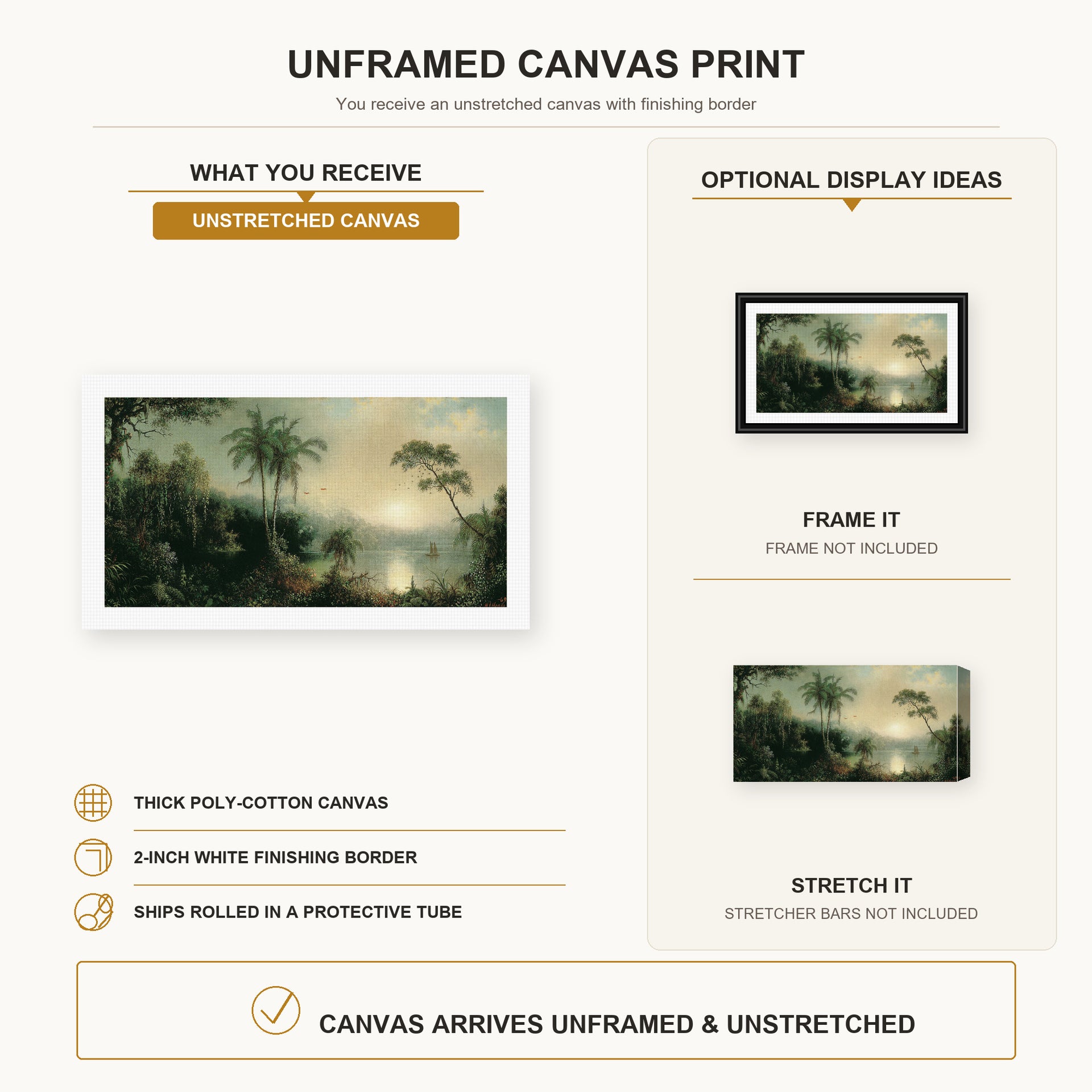 Martin Johnson Heade - Sunrise in Nicaragua canvas print size comparison and framing display infographic