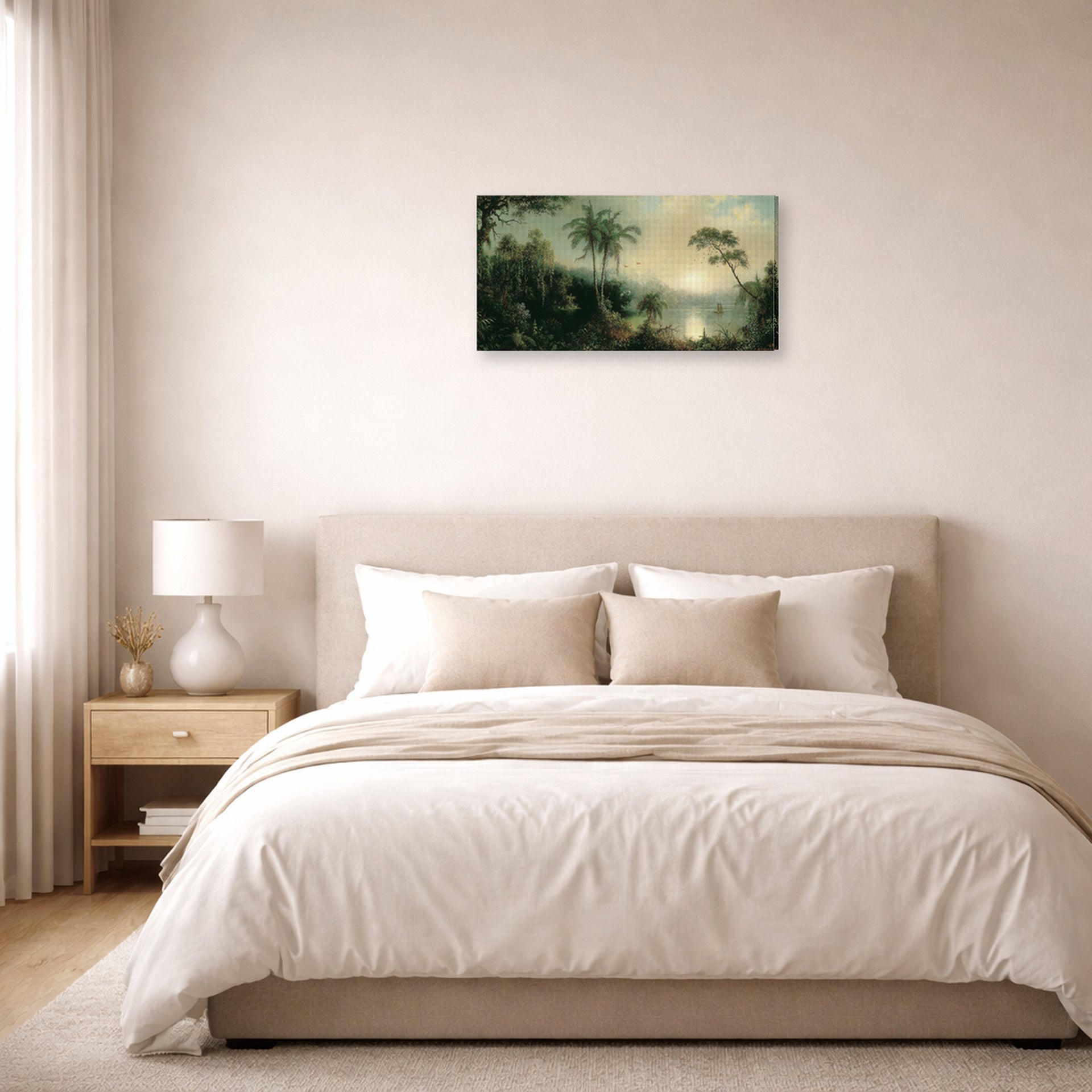 Gallery-wrapped canvas print of Martin Johnson Heade's 'Sunrise in Nicaragua' displayed on a wall in a bedroom
