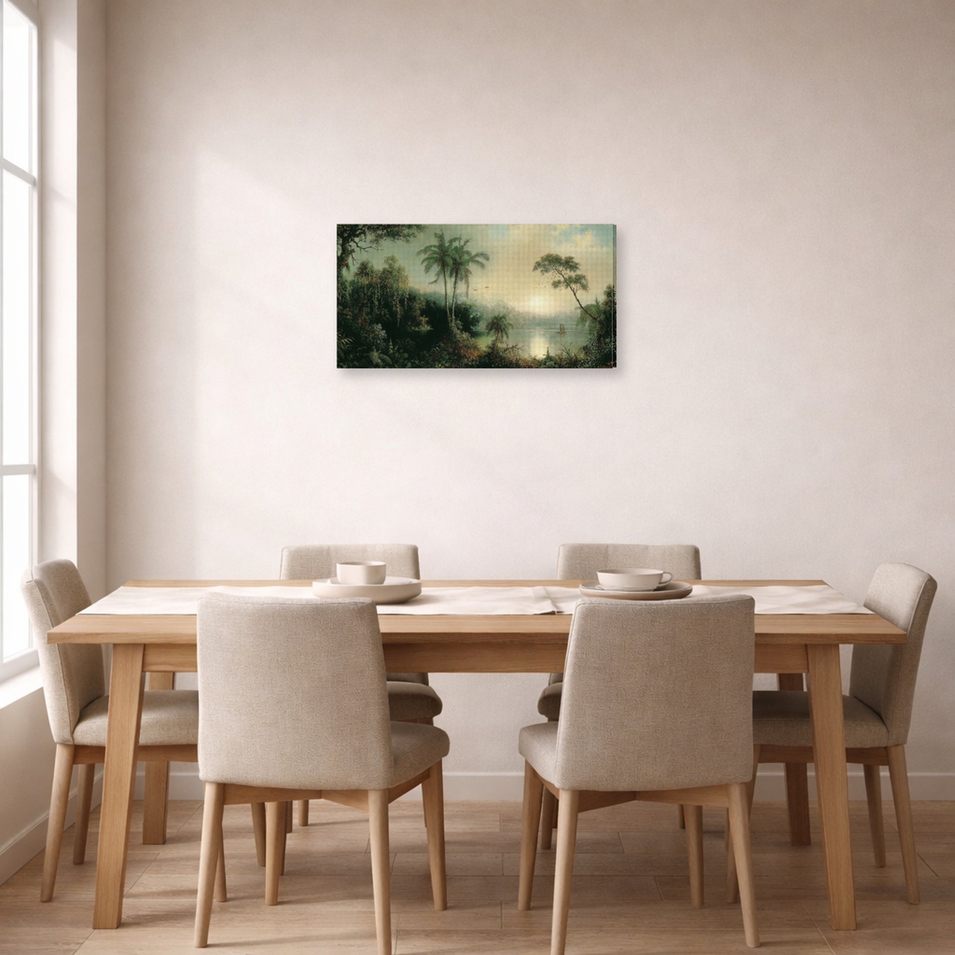 Gallery-wrapped canvas print of Martin Johnson Heade's 'Sunrise in Nicaragua' displayed on a wall in a dining room
