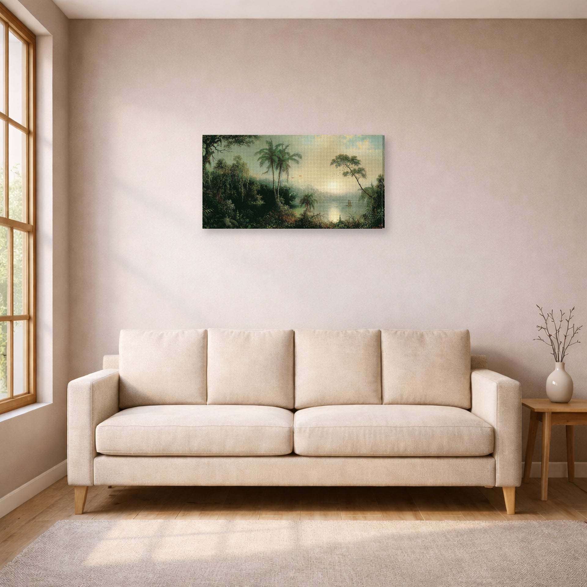 Gallery-wrapped canvas print of Martin Johnson Heade's 'Sunrise in Nicaragua' displayed on a wall in a living room