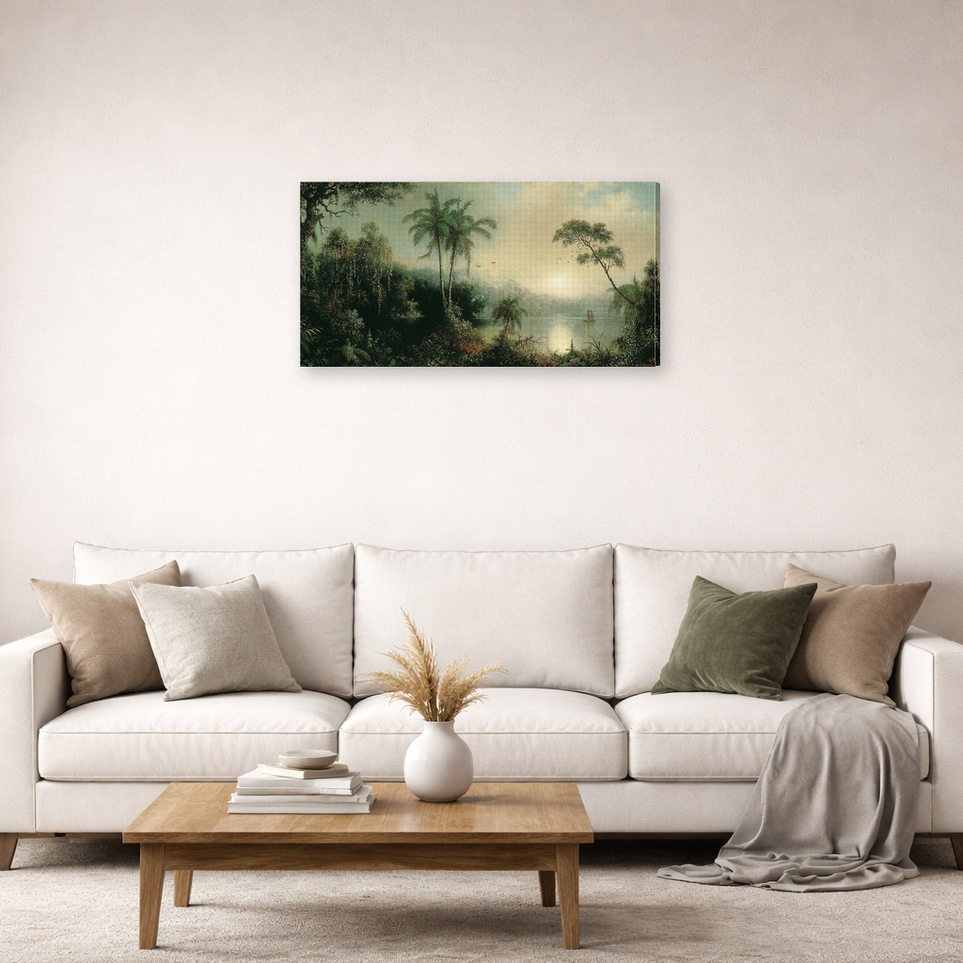 Gallery-wrapped canvas print of Martin Johnson Heade's 'Sunrise in Nicaragua' displayed on a wall in a living room