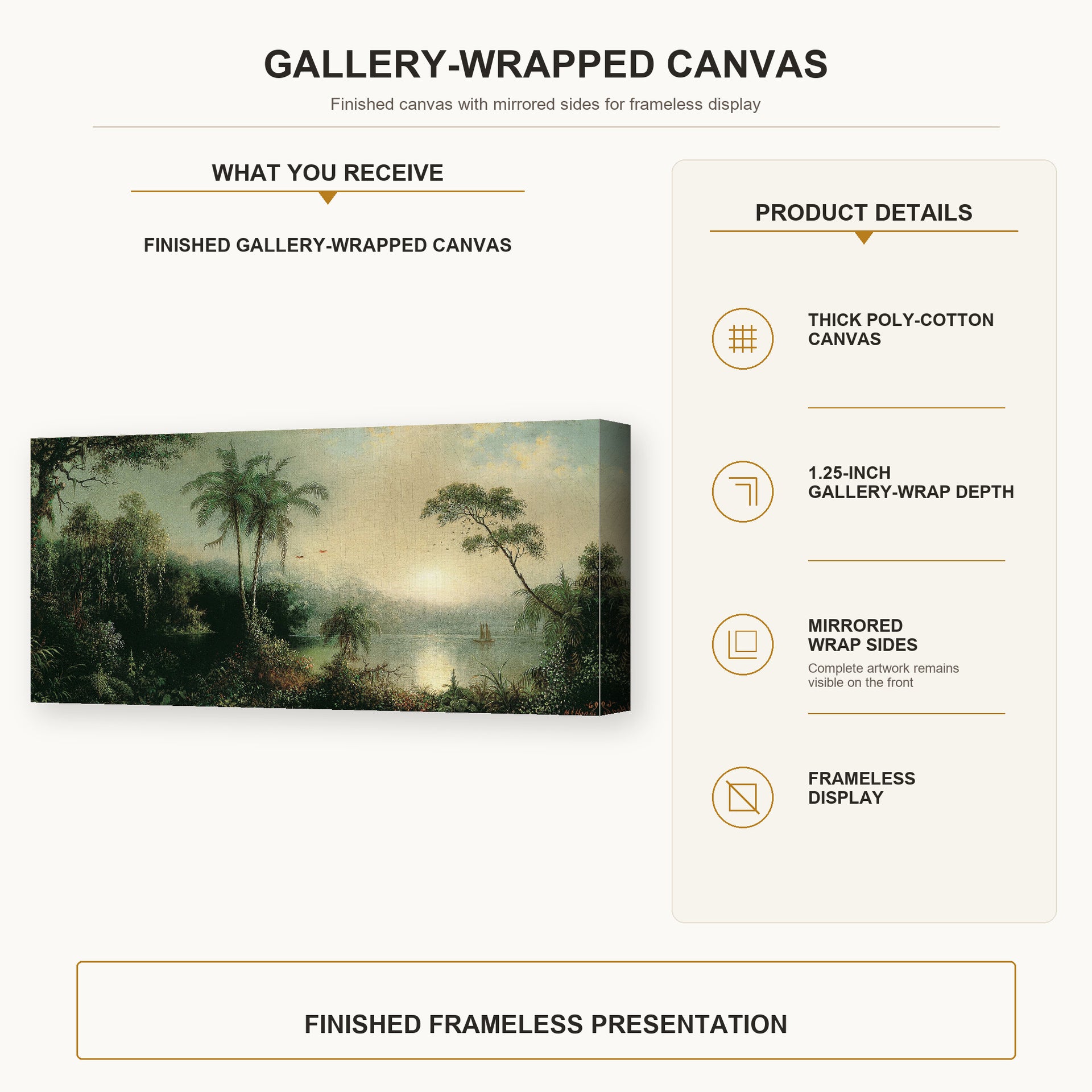 Martin Johnson Heade - Sunrise in Nicaragua gallery wrap canvas construction and hanging details infographic