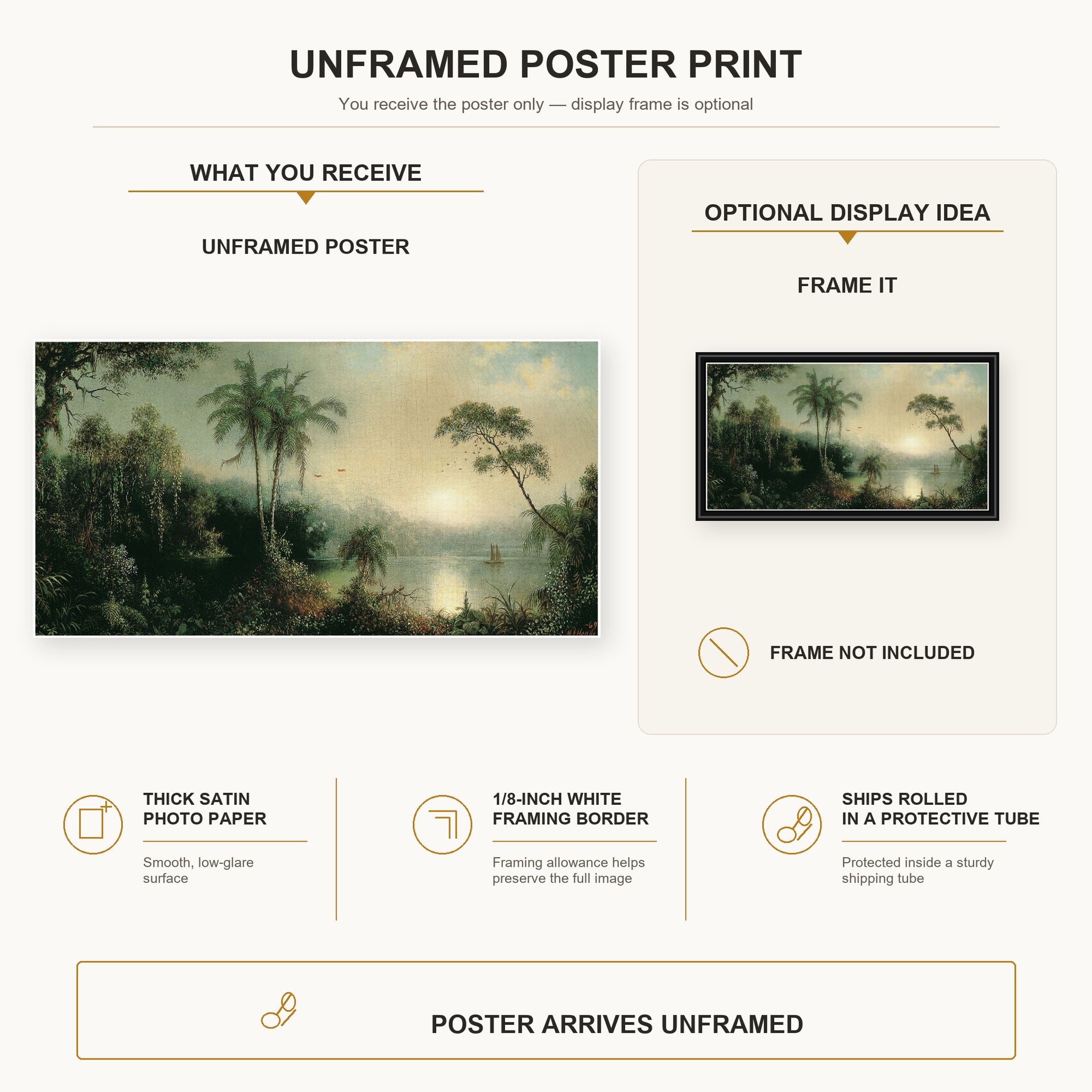 Martin Johnson Heade - Sunrise in Nicaragua poster print size comparison and framing display infographic