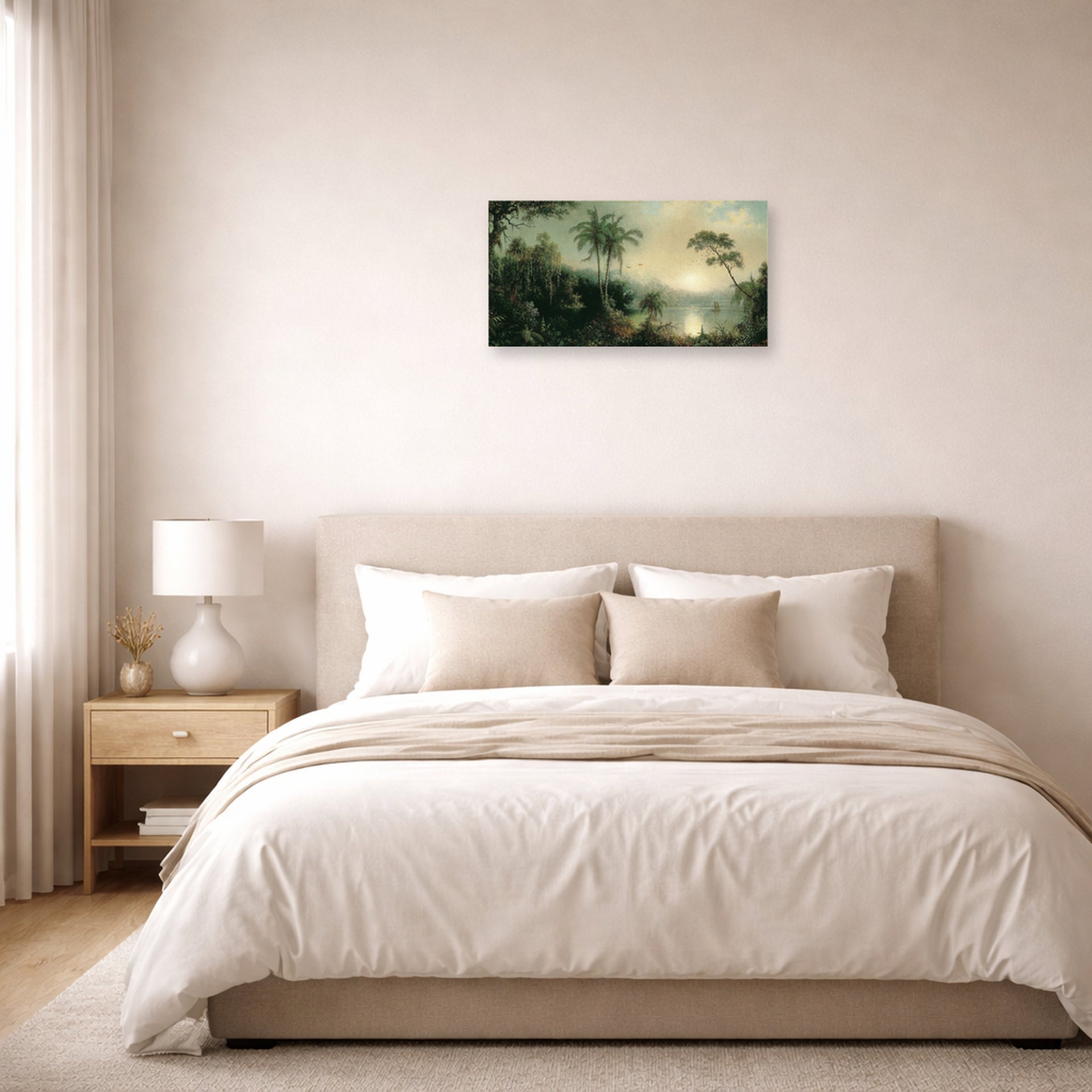 Unframed poster print of Martin Johnson Heade's 'Sunrise in Nicaragua' displayed on a wall in a bedroom