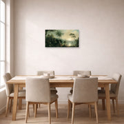 Unframed poster print of Martin Johnson Heade's 'Sunrise in Nicaragua' displayed on a wall in a dining room