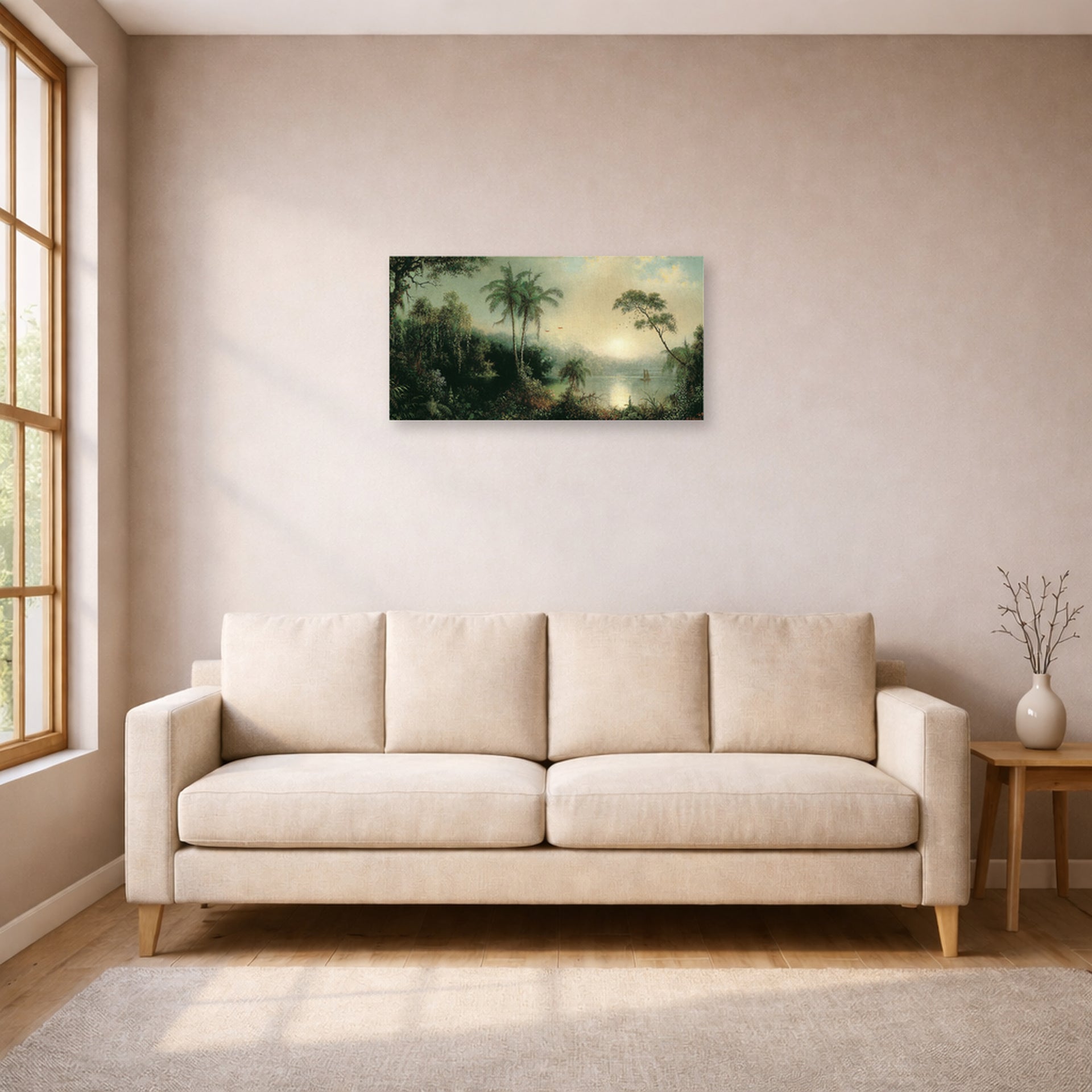 Unframed poster print of Martin Johnson Heade's 'Sunrise in Nicaragua' displayed on a wall in a living room