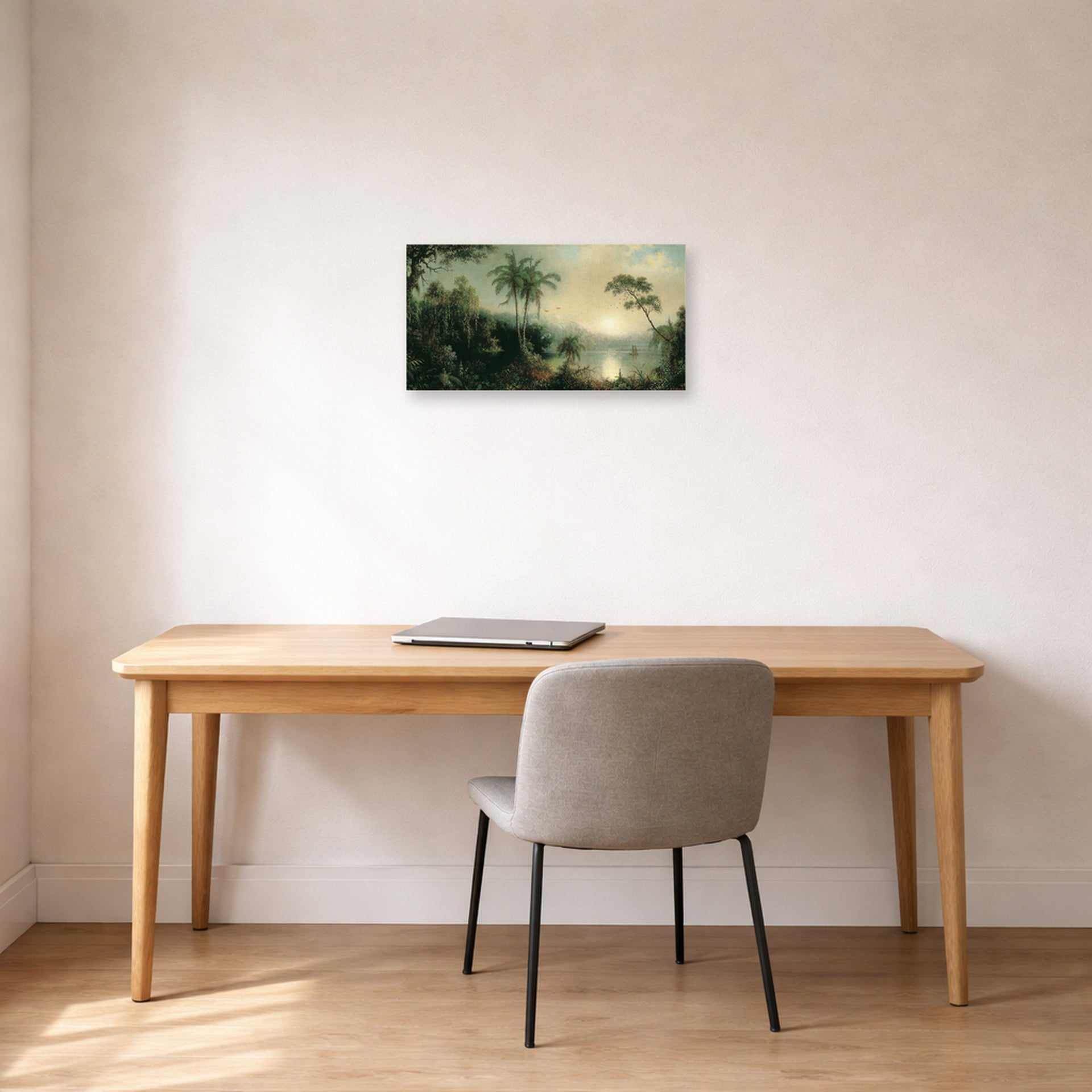 Unframed poster print of Martin Johnson Heade's 'Sunrise in Nicaragua' displayed on a wall in a office