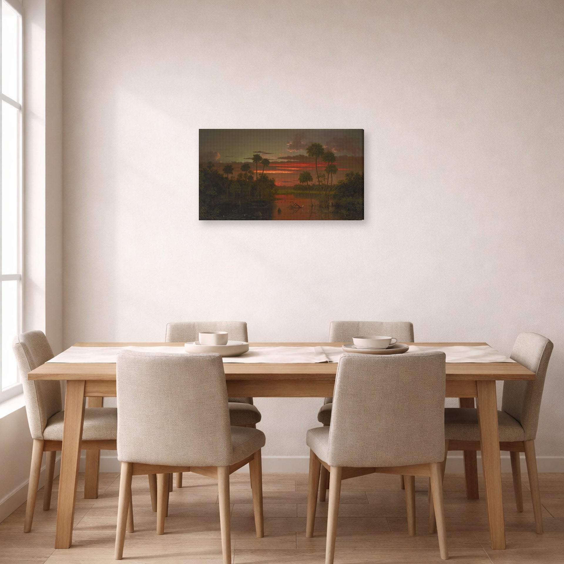 Gallery-wrapped canvas print of Martin Johnson Heade's 'The Great Florida Sunset' displayed on a wall in a dining room